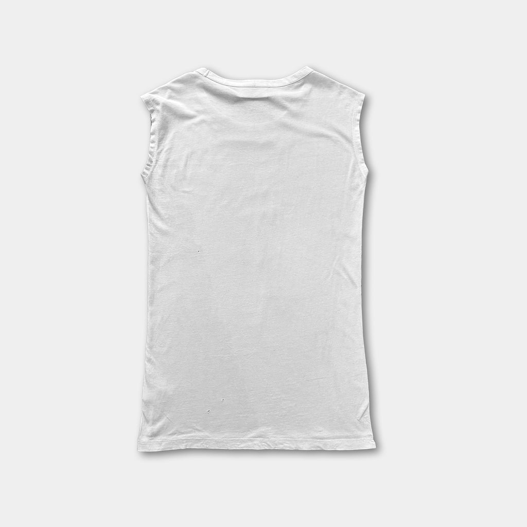 A plain white sleeveless shirt is shown against a white background.