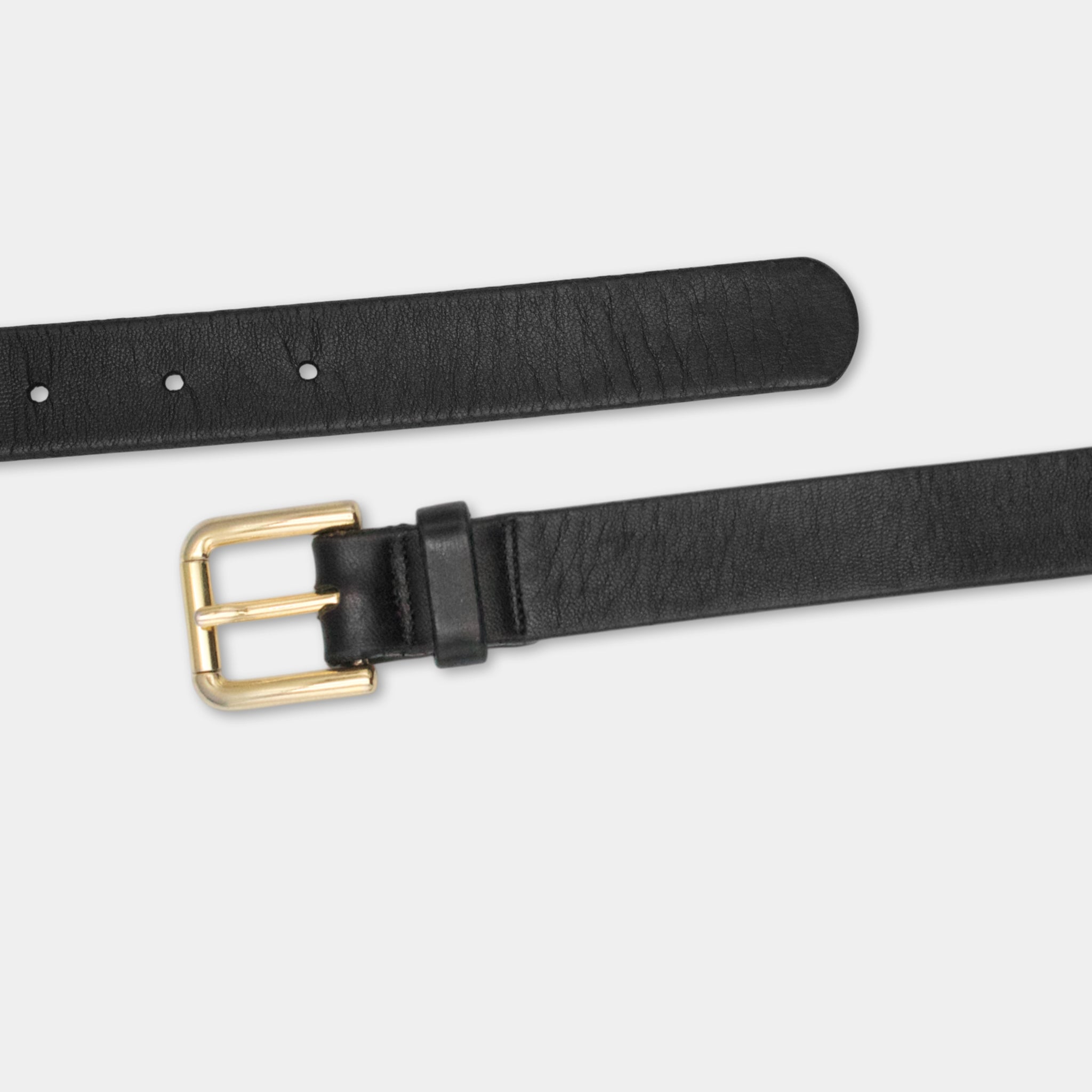 A black leather belt with a gold buckle is shown in the image.