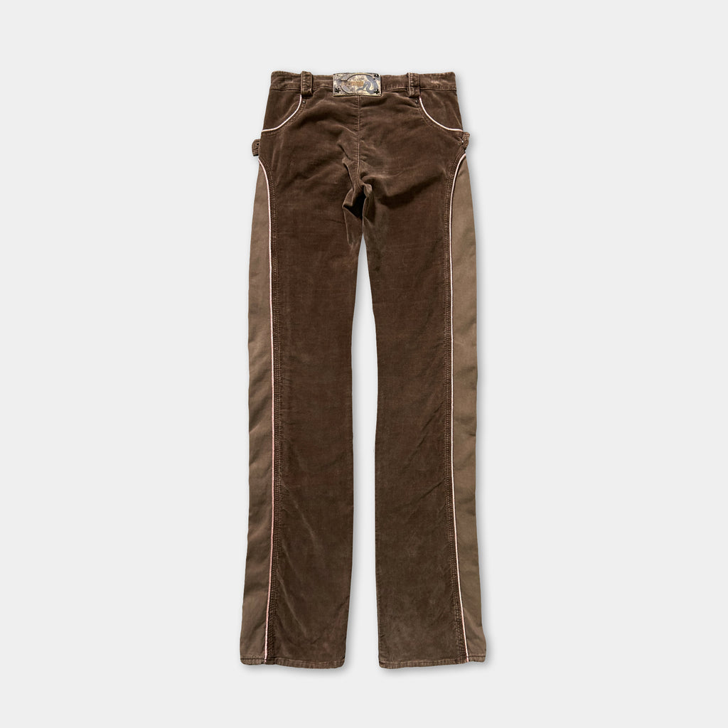 A pair of brown corduroy pants with a belt and pockets.