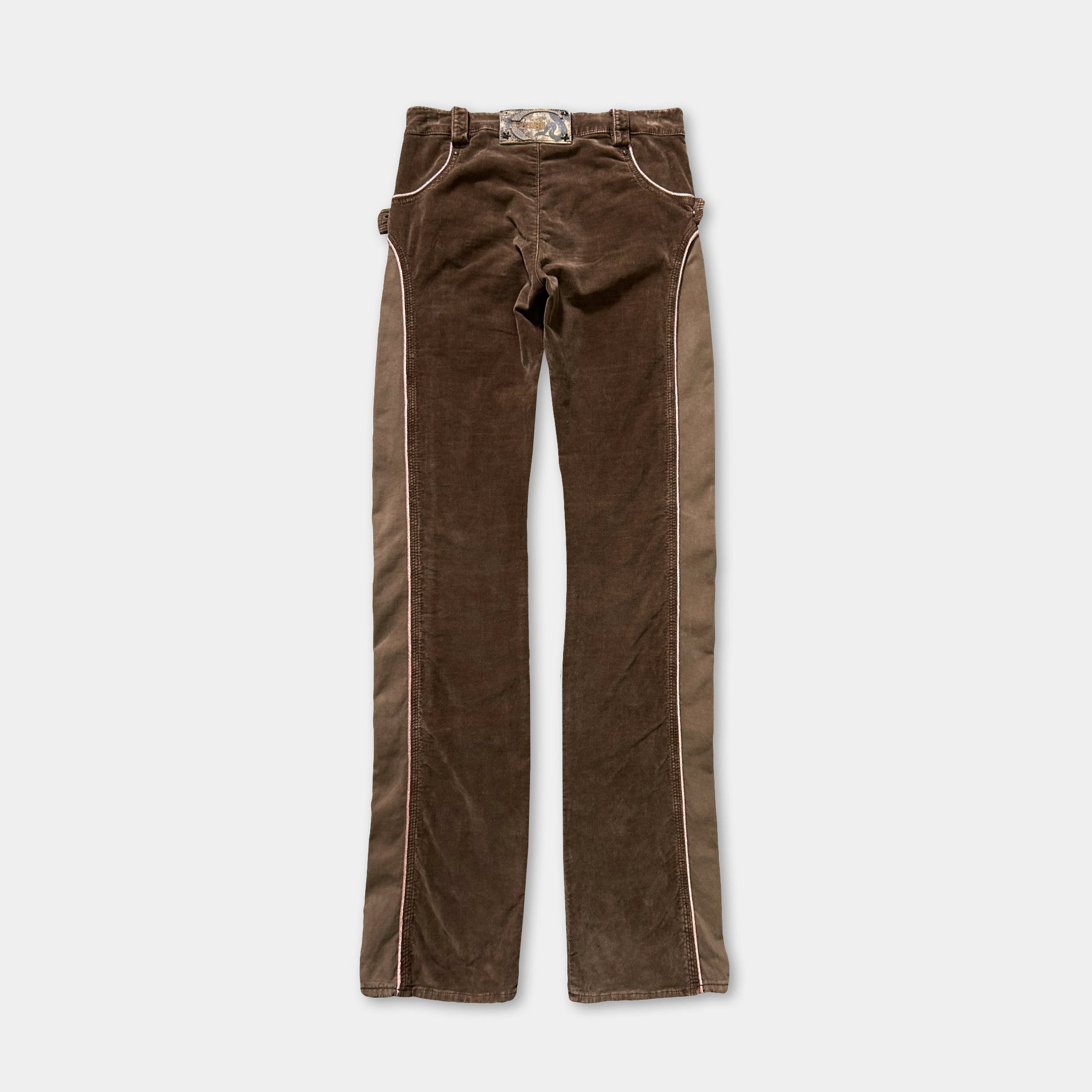 A pair of brown corduroy pants with a belt and pockets.