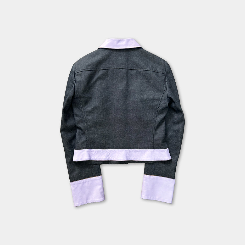 a gray jacket with a white collar and cuffs, displayed against a white background.