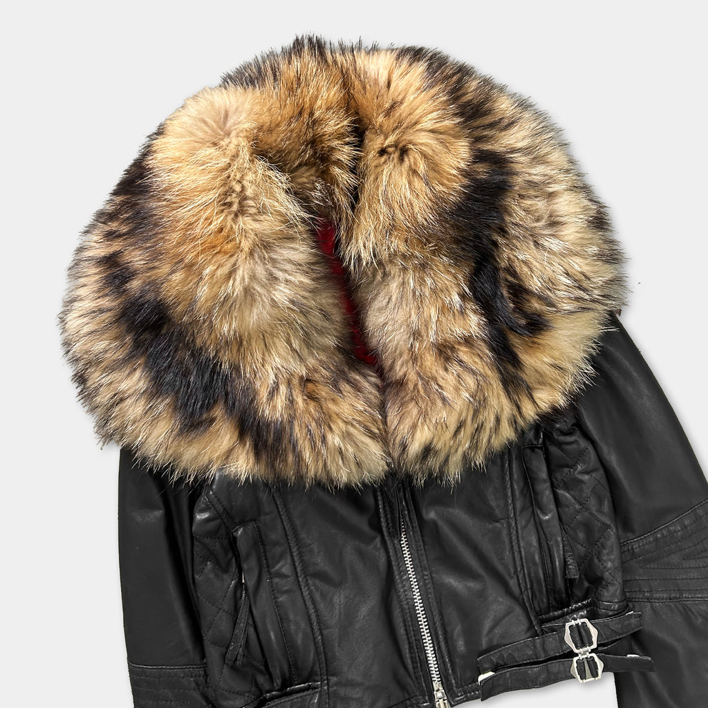 A black leather jacket with a fur collar and zipper.