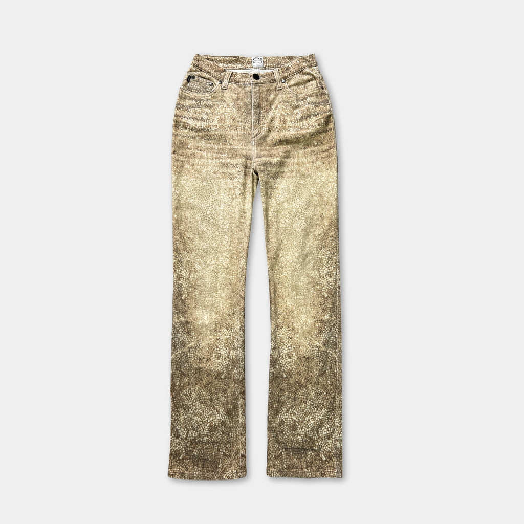 A pair of high-waisted, olive green jeans with a textured, speckled pattern.