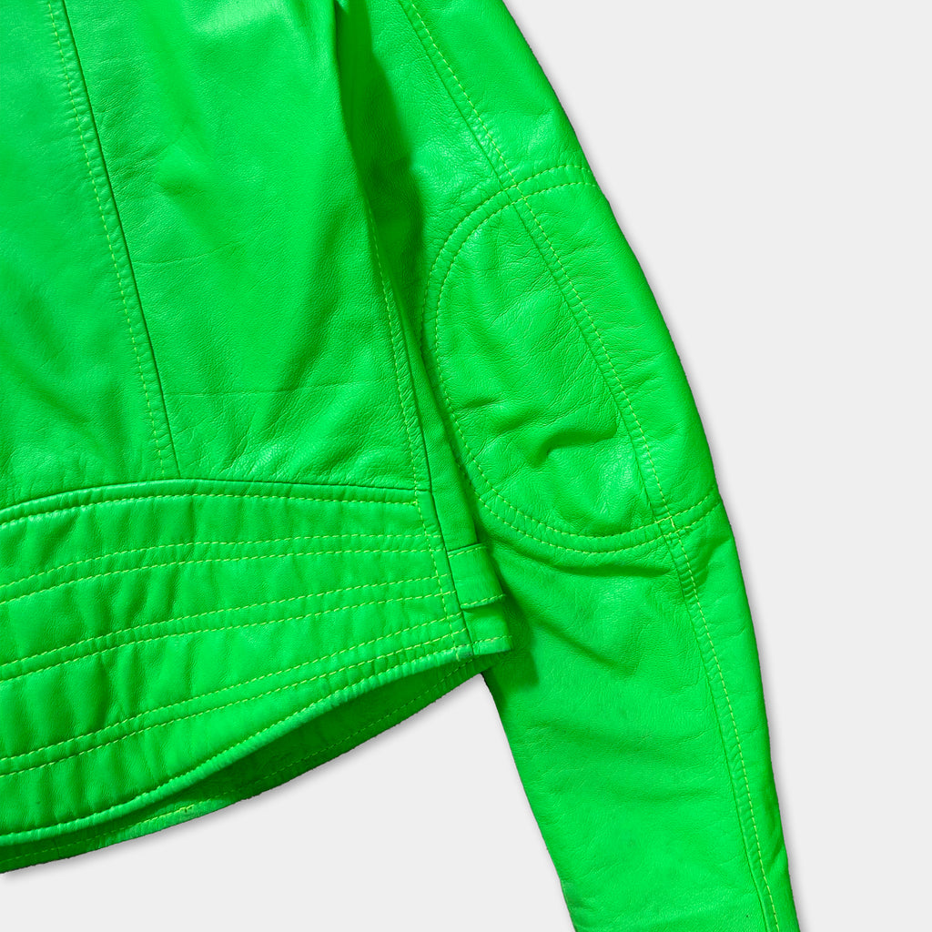 A bright green leather jacket with a distinctive patch on the left sleeve.