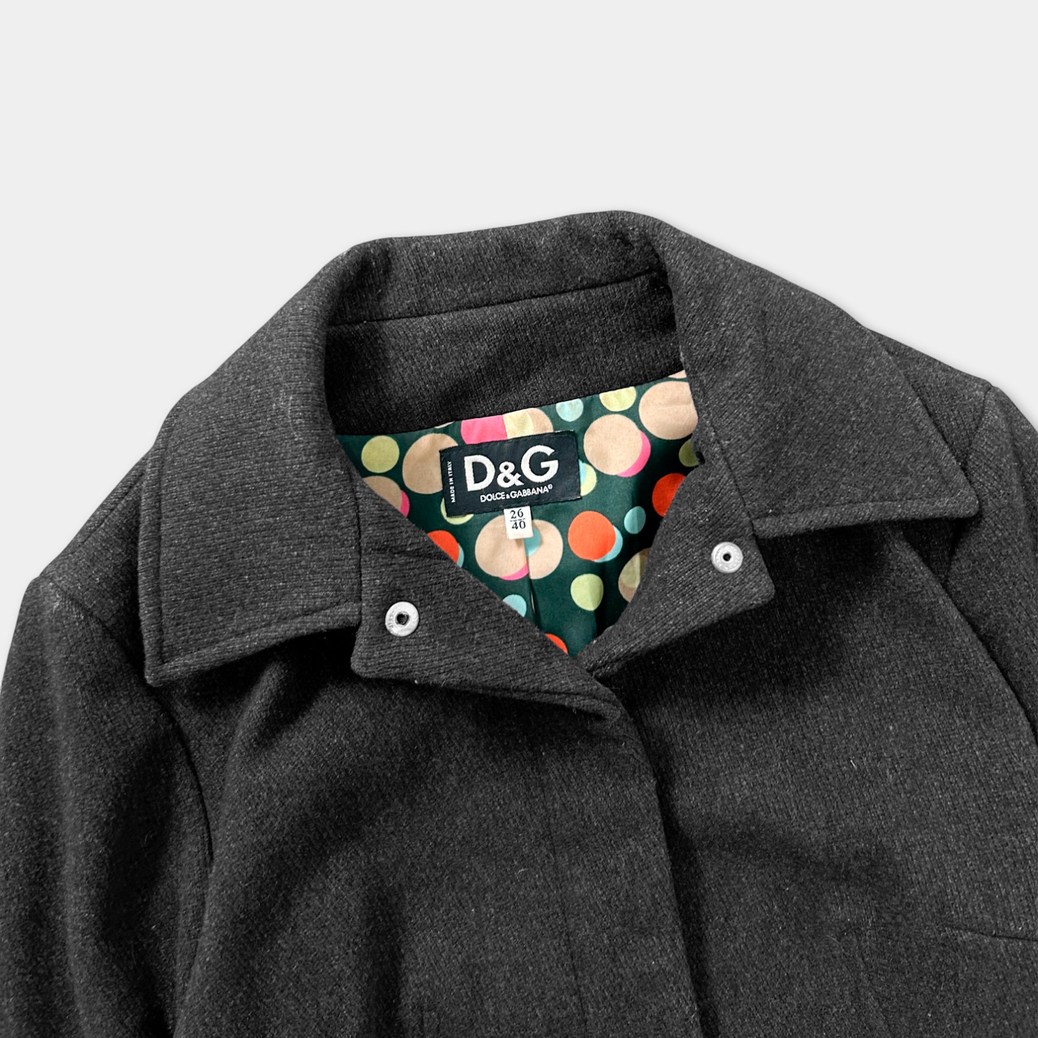 A close-up view of a dark grey coat with a collar and buttons, featuring a colorful polka dot pattern inside the collar pocket.
