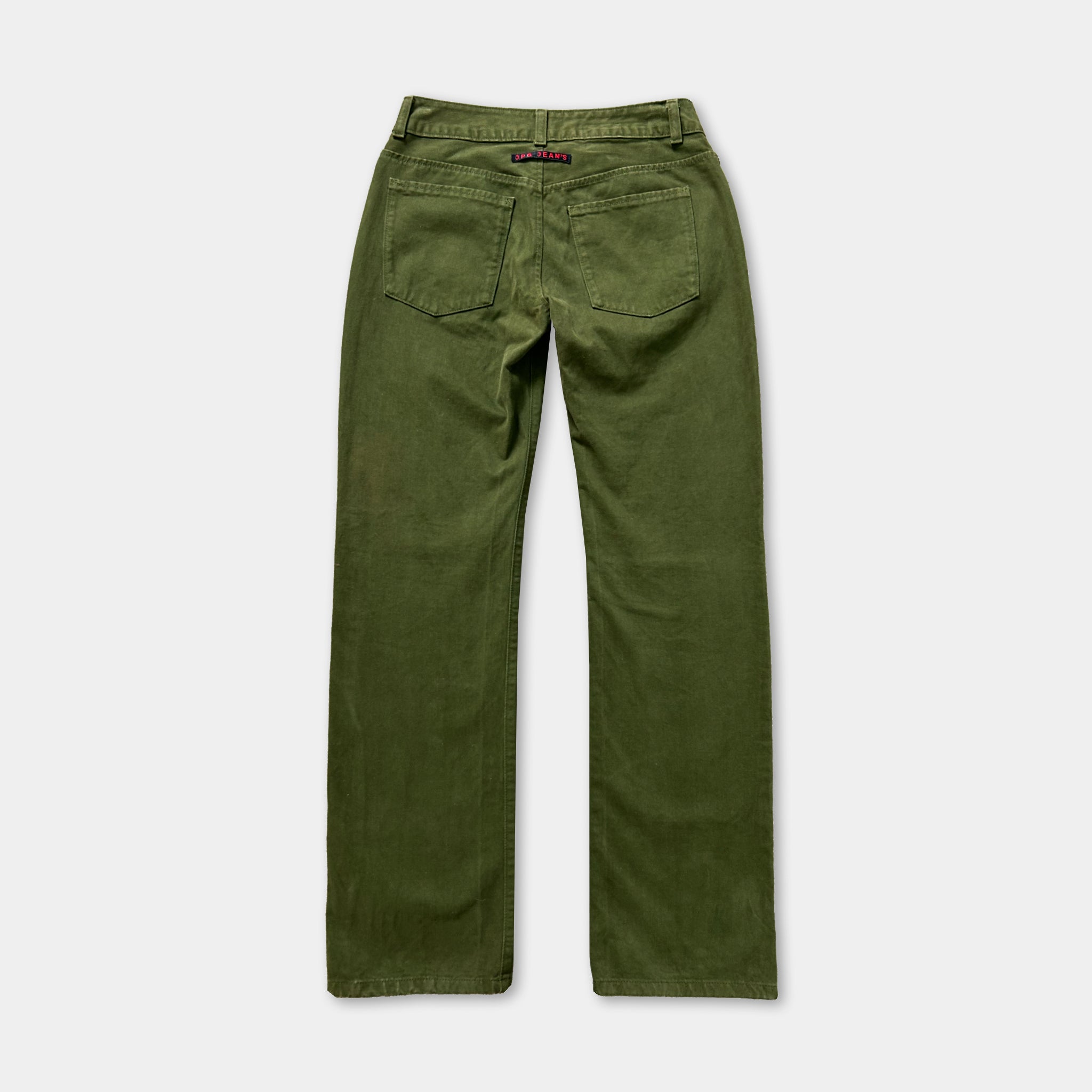 A pair of olive green wide-leg jeans with a high waist and a red label on the waistband.