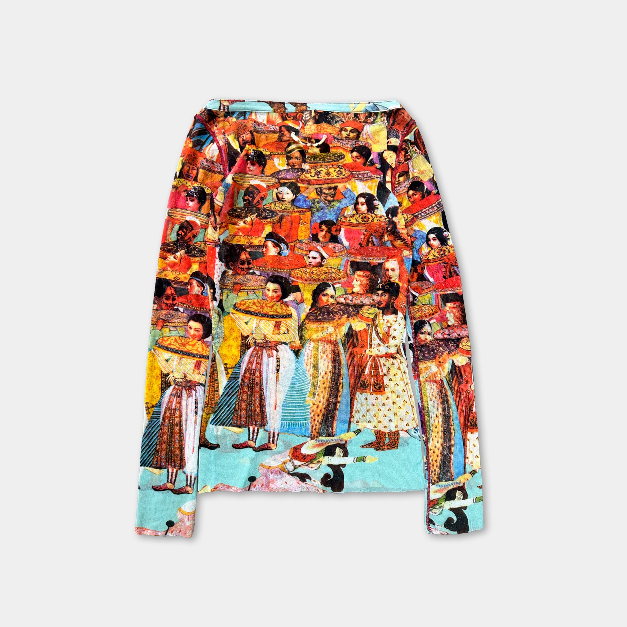 The image is a colorful, patterned long-sleeved shirt or blouse featuring a collage of various images depicting people in different poses and outfits.