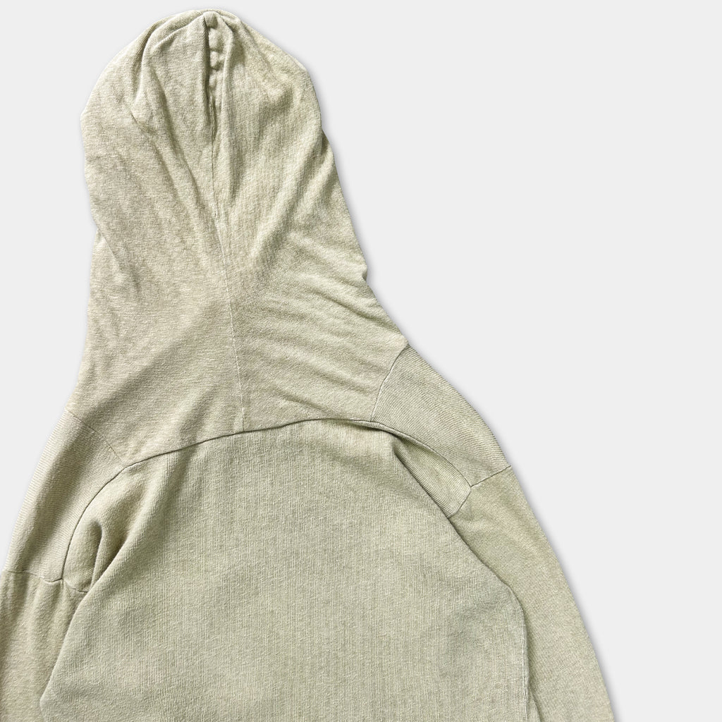 A beige hooded sweatshirt is shown against a plain white background.