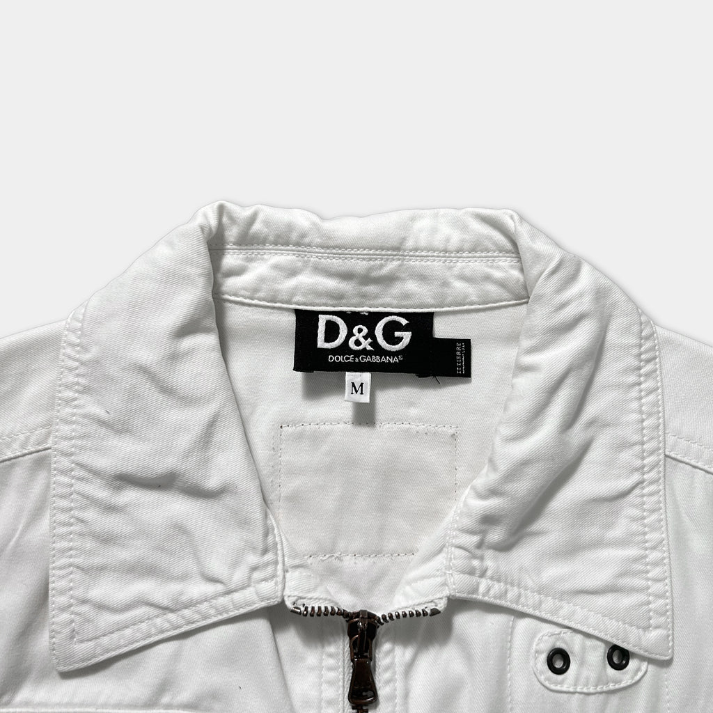 A white collared jacket with a D&G (Dolce & Gabbana) label on the collar.