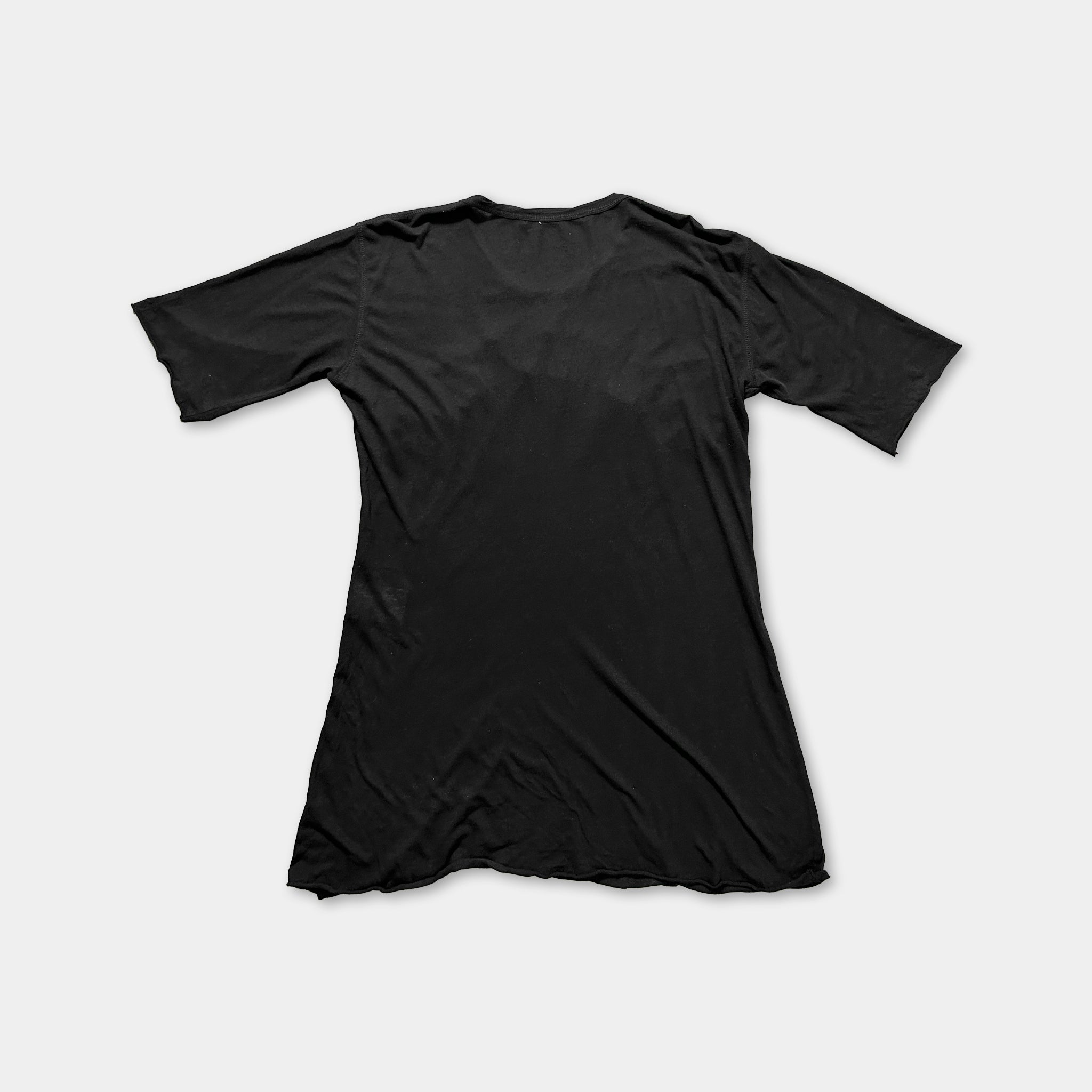 The image is a black dress with short sleeves, laid out flat against a white background.