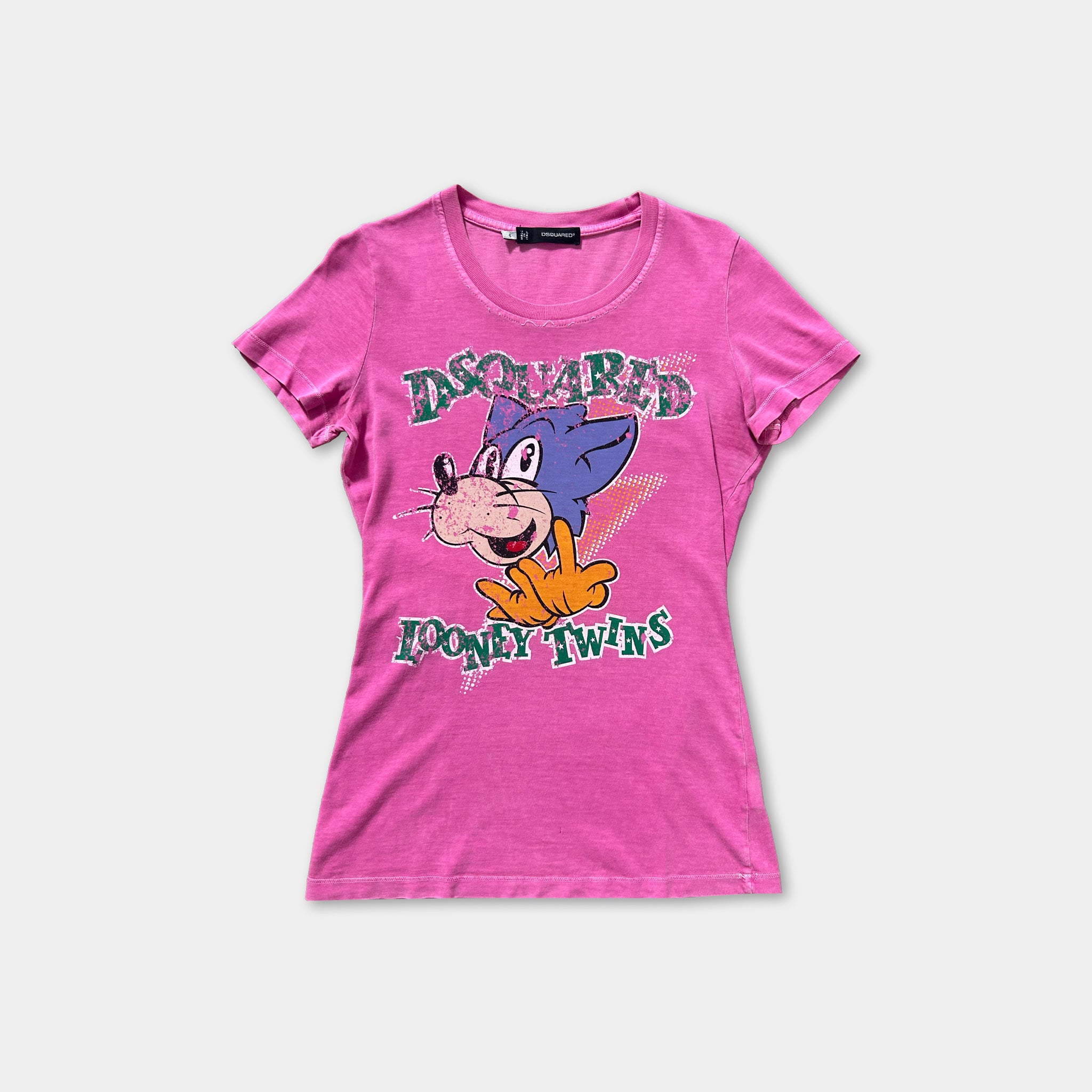 A pink t-shirt with a cartoon image of a cat and the text "DISQUARED LOONEY TWINS" printed on it.