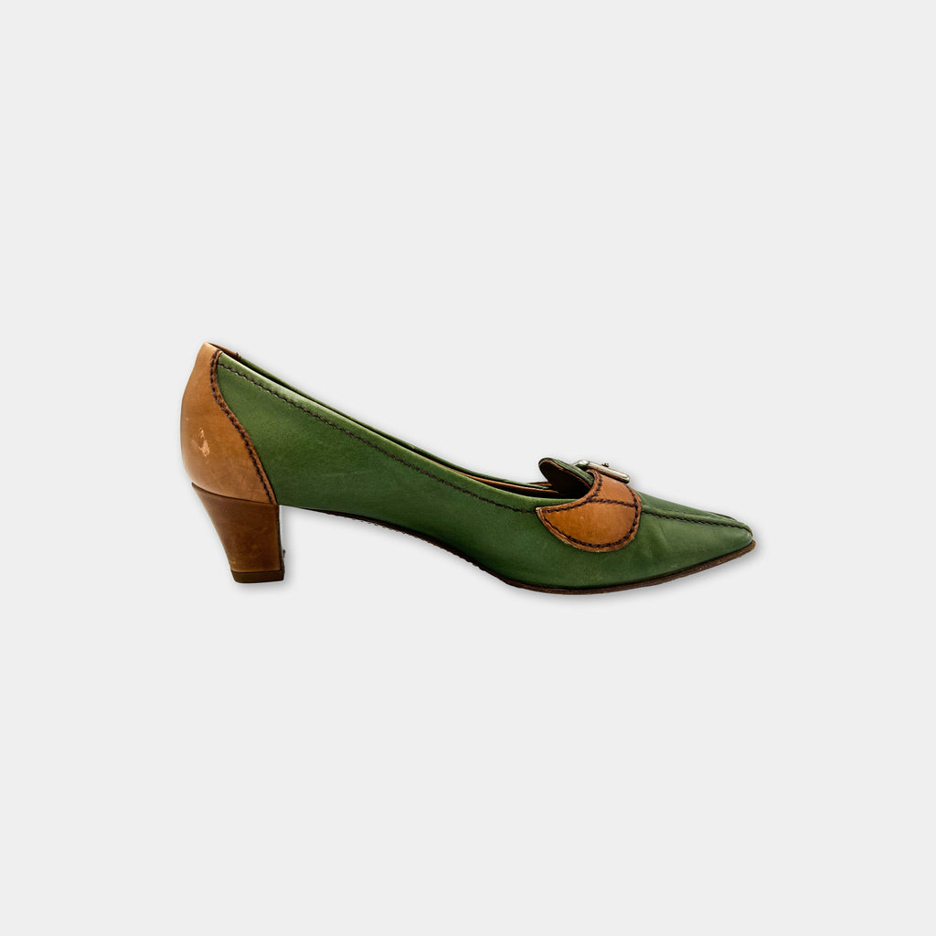 A single green and brown high-heeled shoe against a white background.