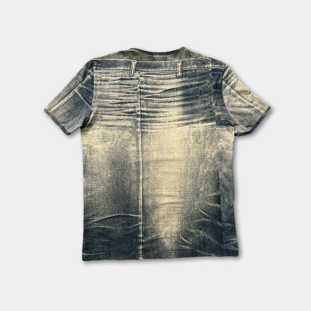 a t-shirt with a distressed, faded denim-like pattern.