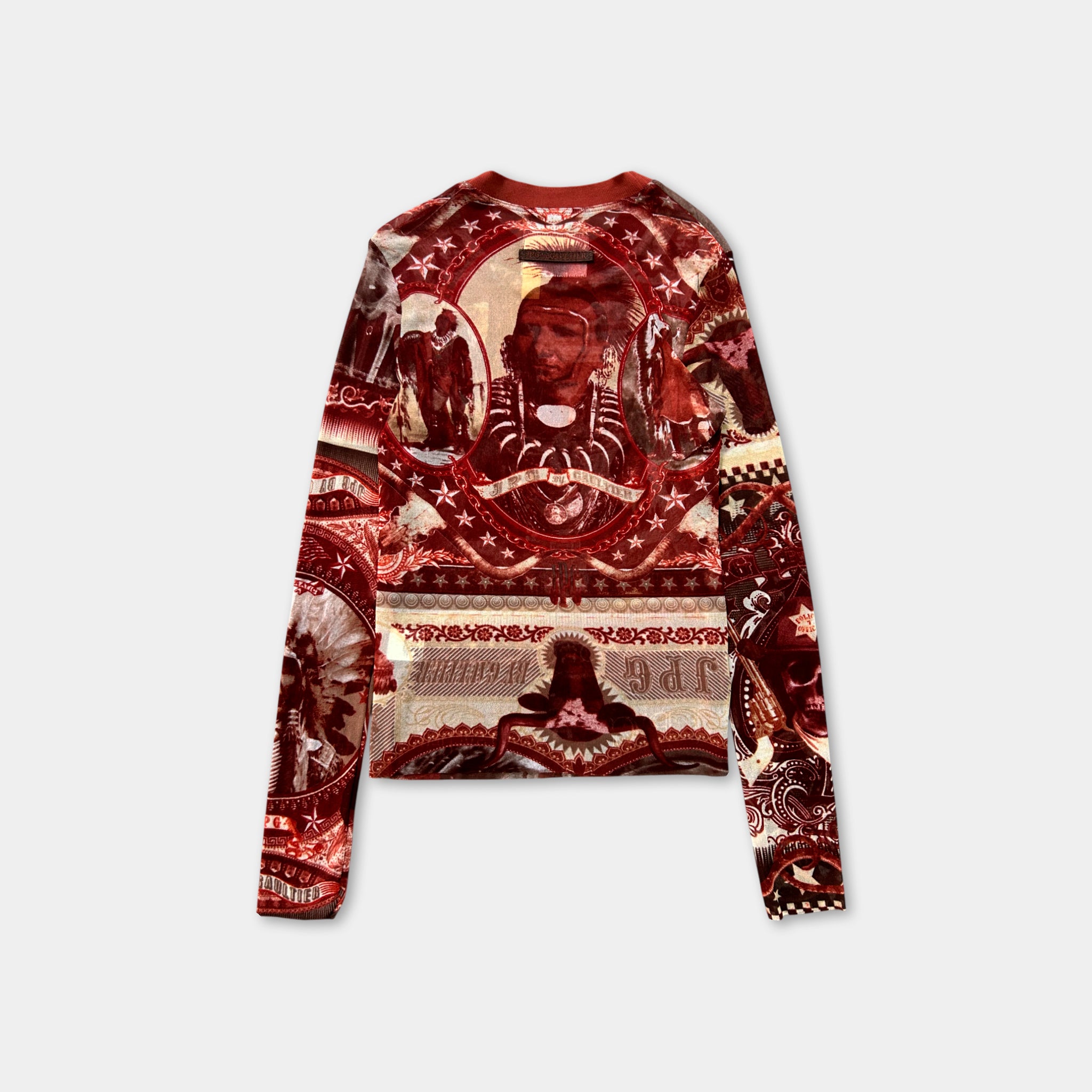 The image is a long-sleeved shirt with a vibrant, colorful, and intricate design featuring various patterns, shapes, and images.