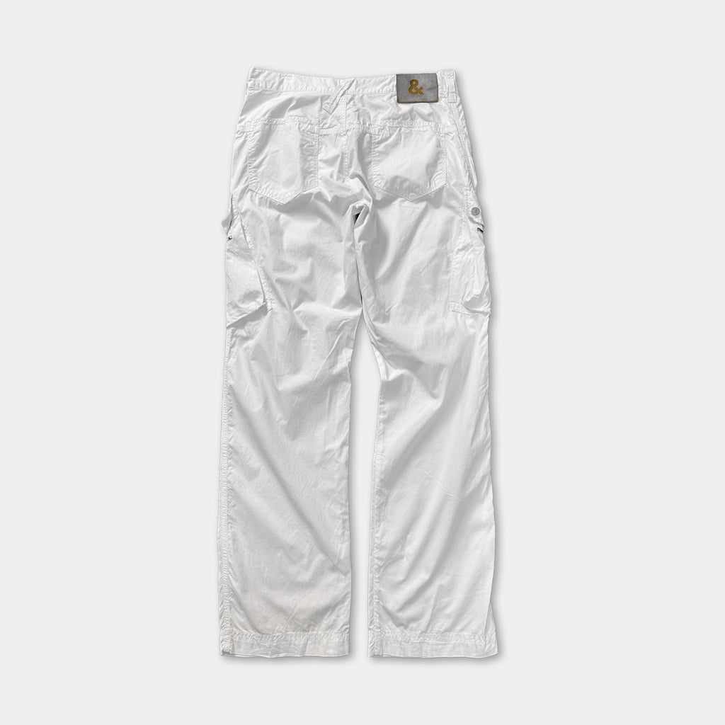 A pair of white cargo pants with a pocket on the back.