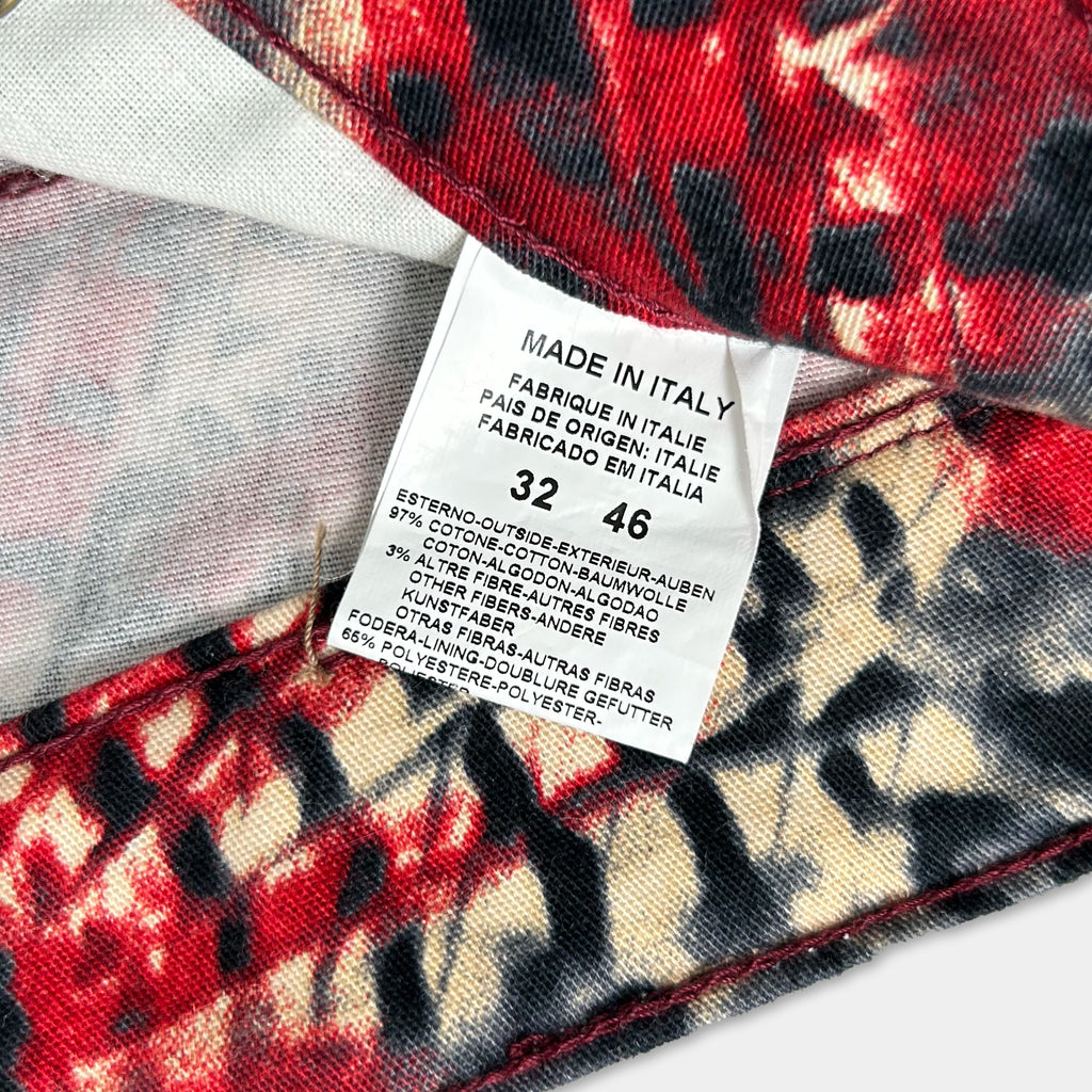 a close-up view of a fabric label with text, likely providing information about the fabric or the product it is attached to.