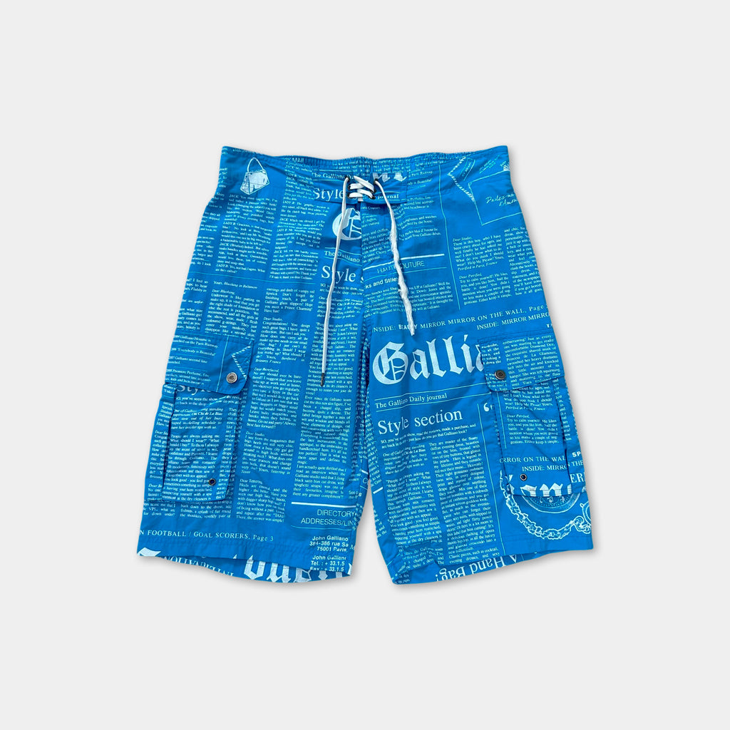 Galliano Newspaper Print Blue Swim Shorts