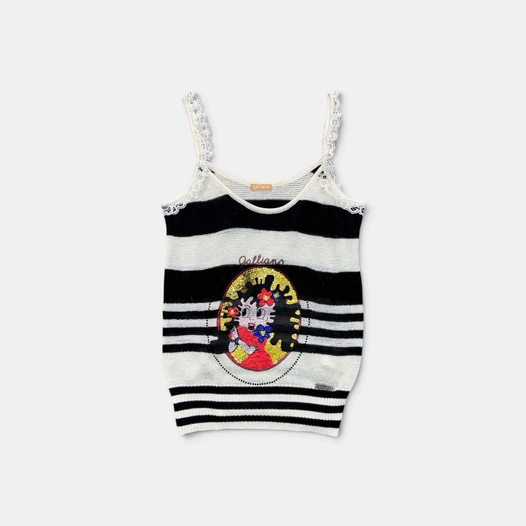 Galliano Breton Striped Betty Boop Lace Trim Top