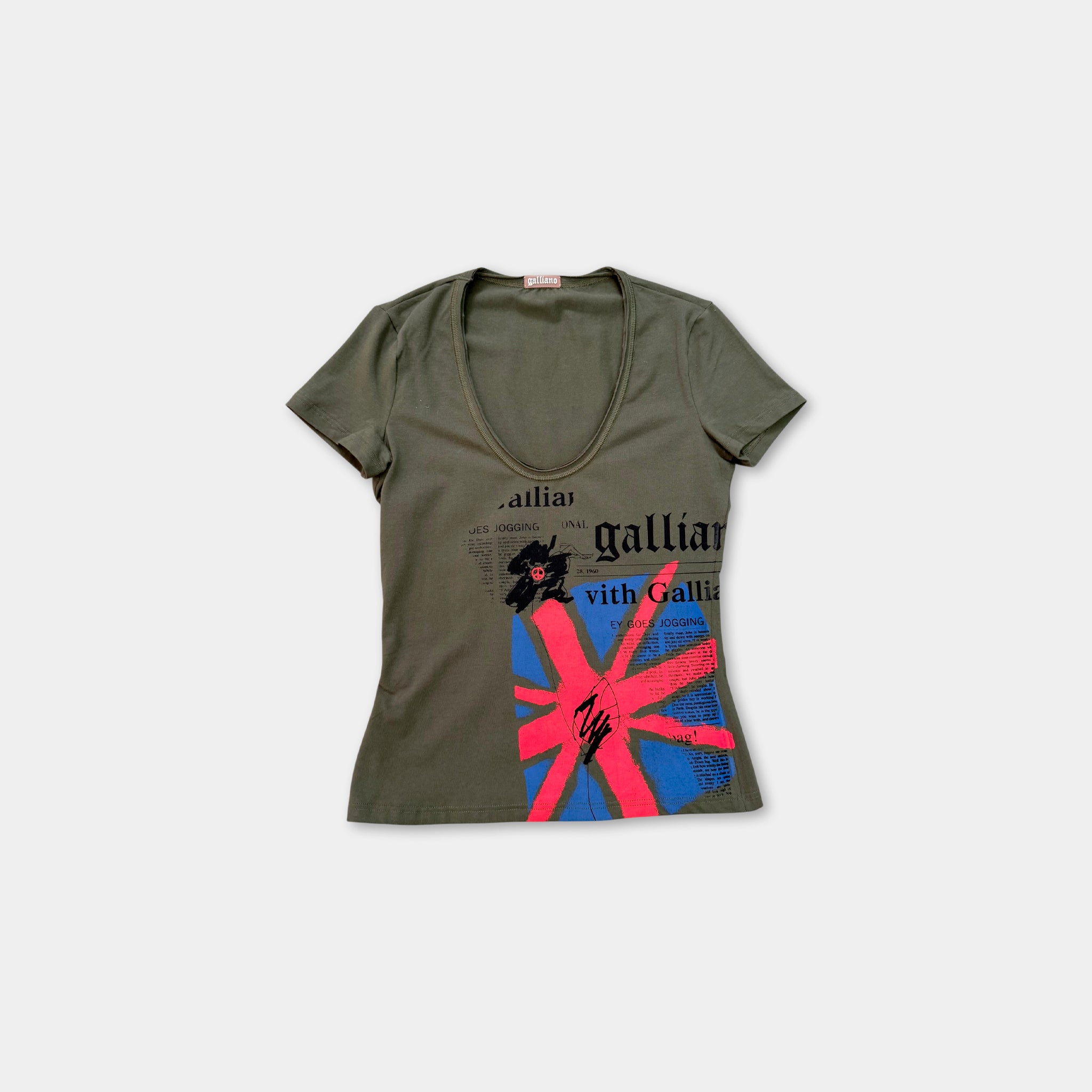 Galliano Olive Green Union Jack "UK" Newspaper Print T-Shirt