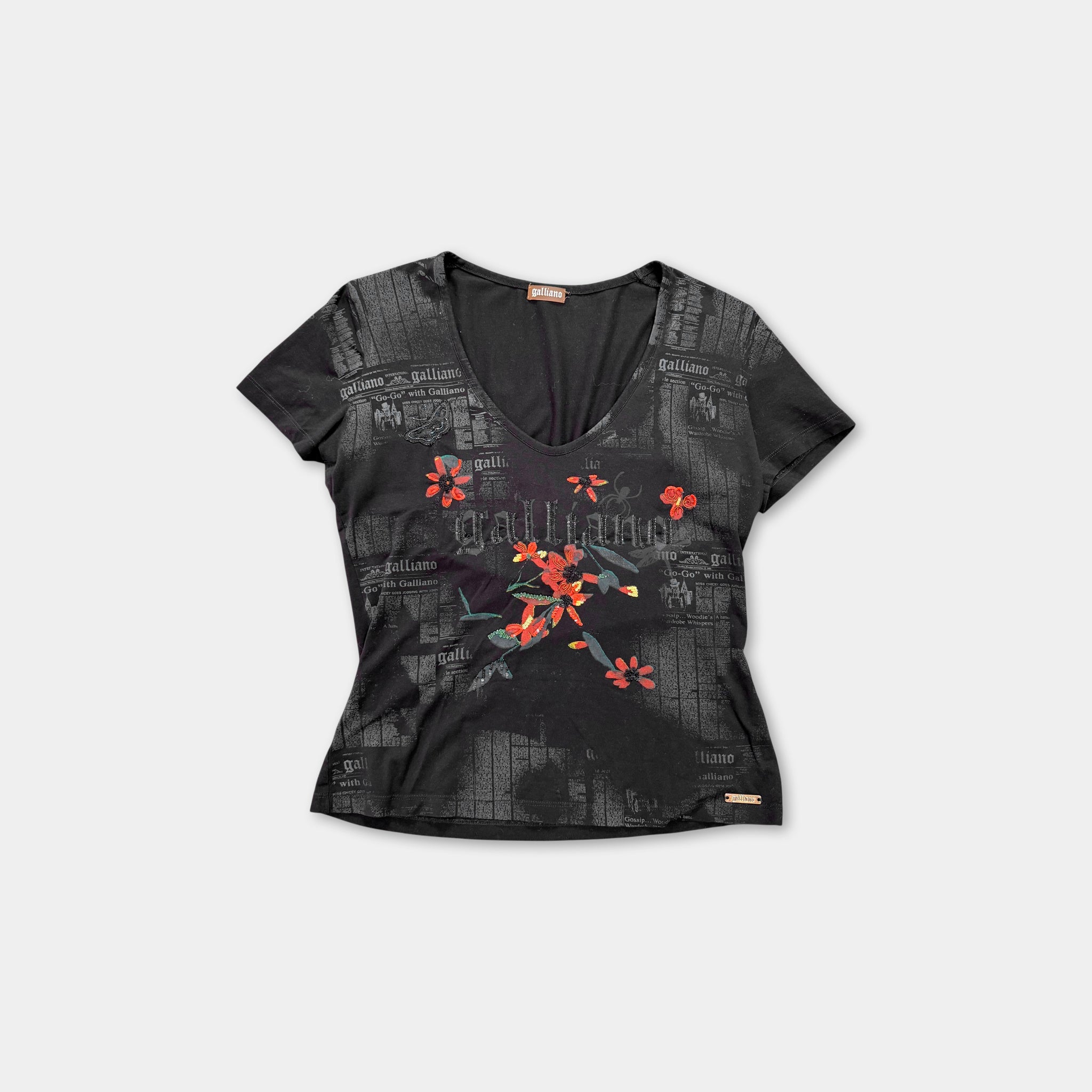 Galliano Newspaper Print Embellished Floral V-Neck T-Shirt