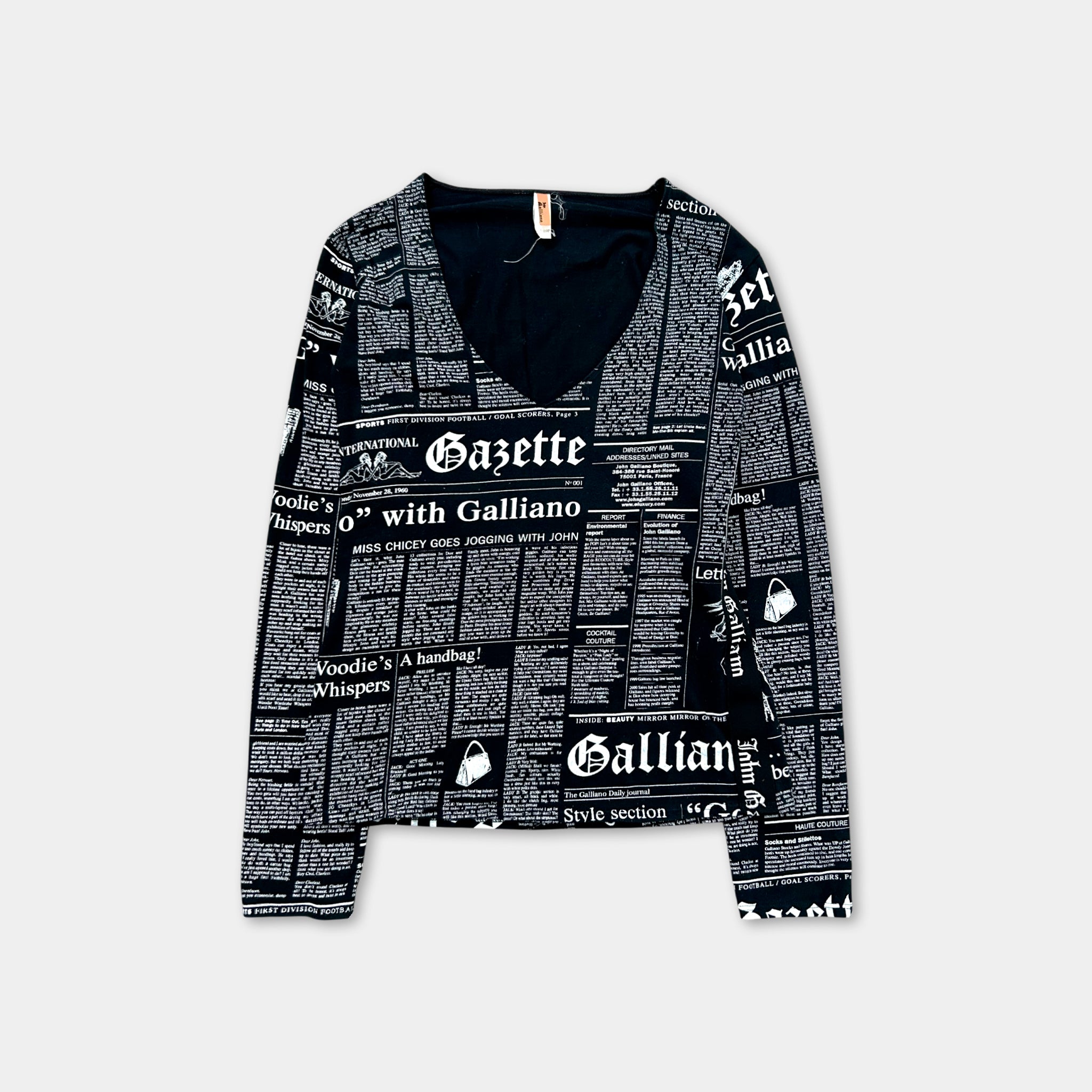 Galliano "Gazette" Newspaper Print V-neck Longsleeve