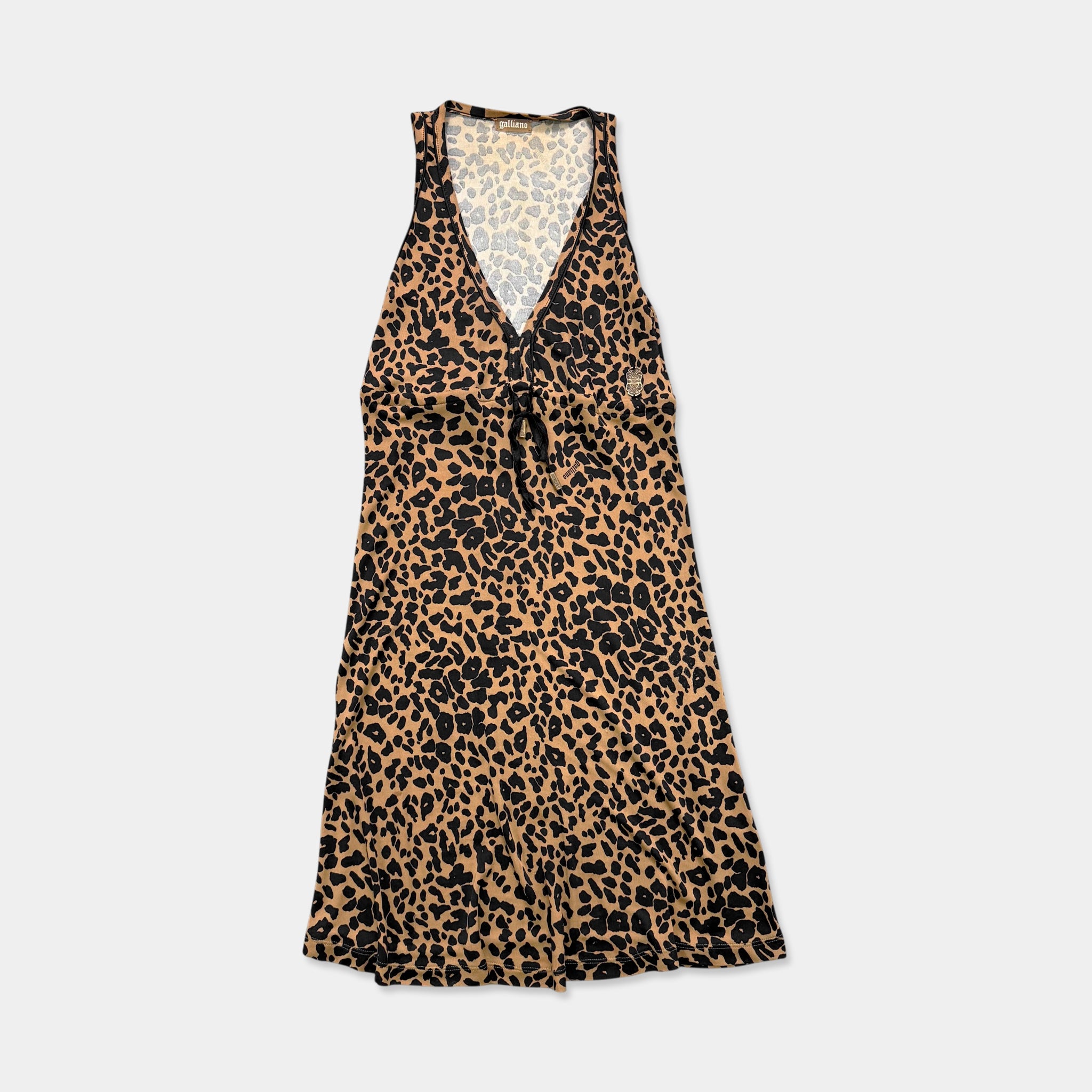 Galliano Leopard Print Lace-Up V-Neck Mini Dress