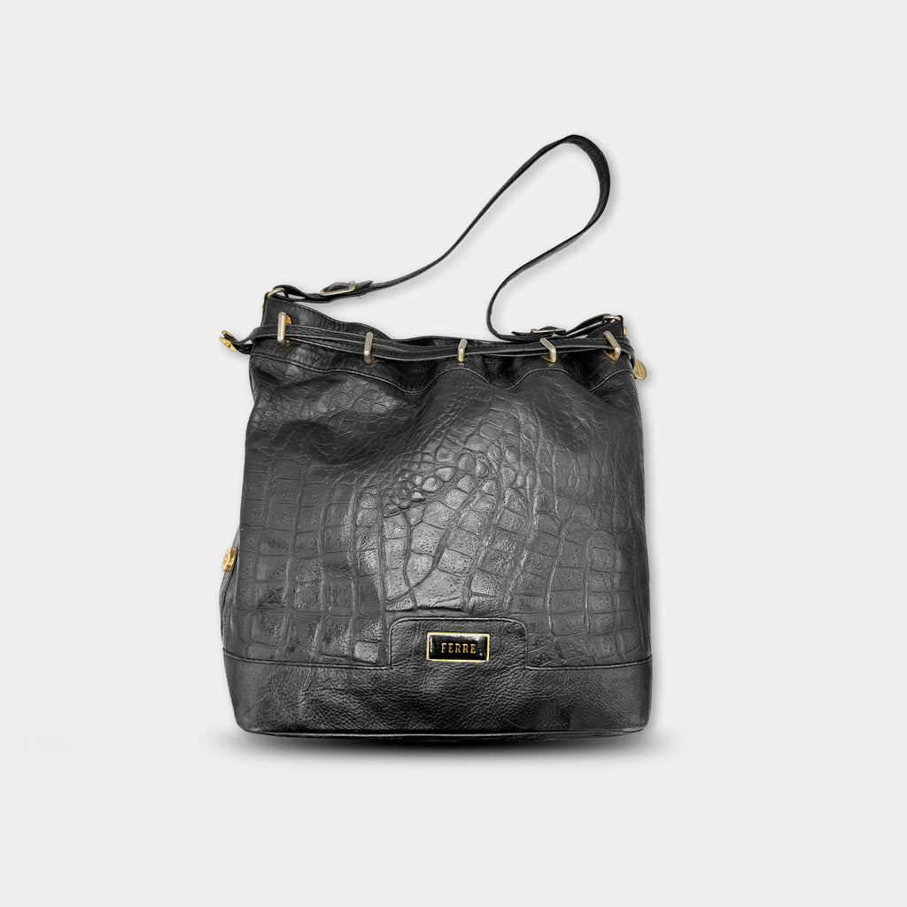 Gianfranco Ferré Vintage Black Crocodile Texture Shoulder Bag