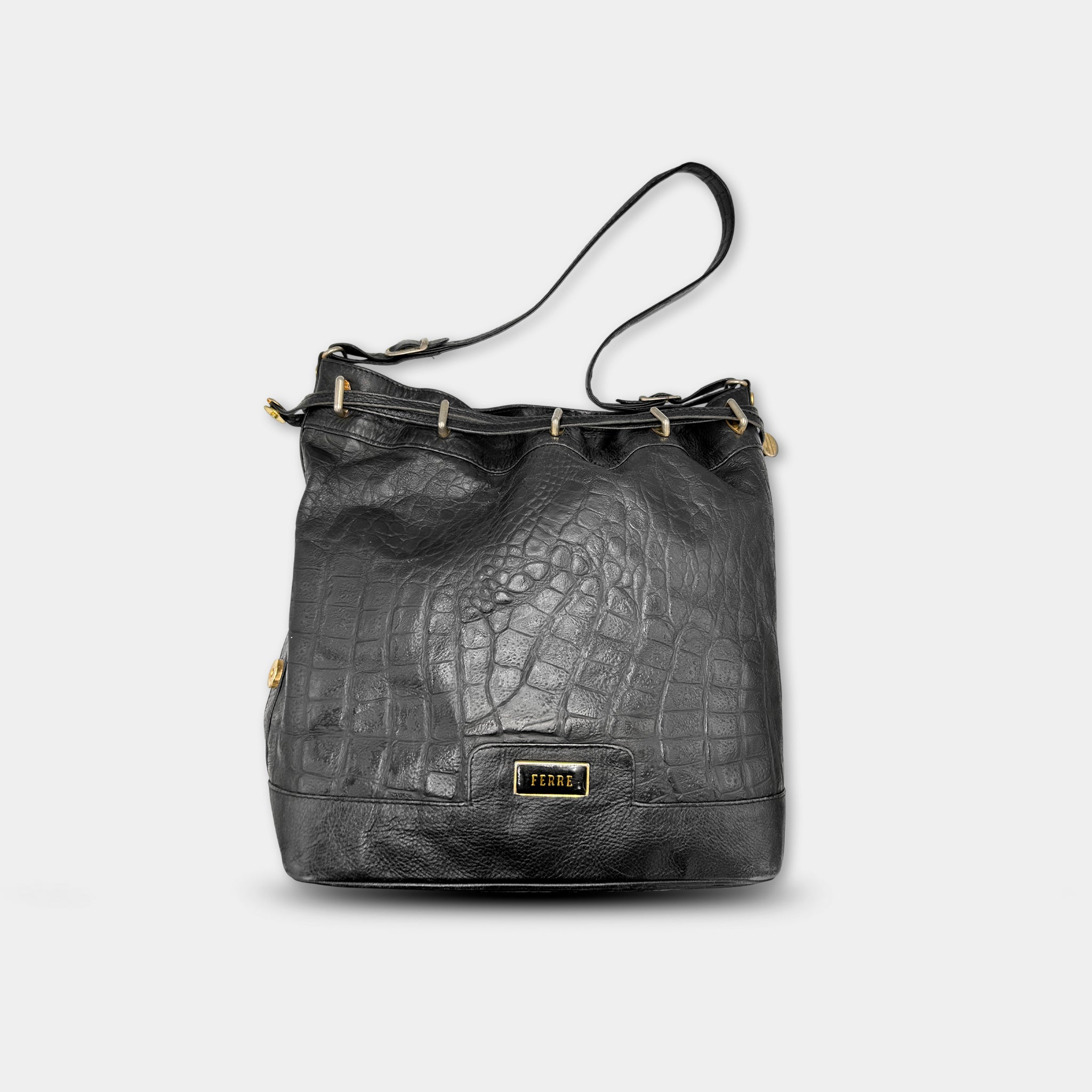 Gianfranco Ferré Vintage Black Crocodile Texture Shoulder Bag