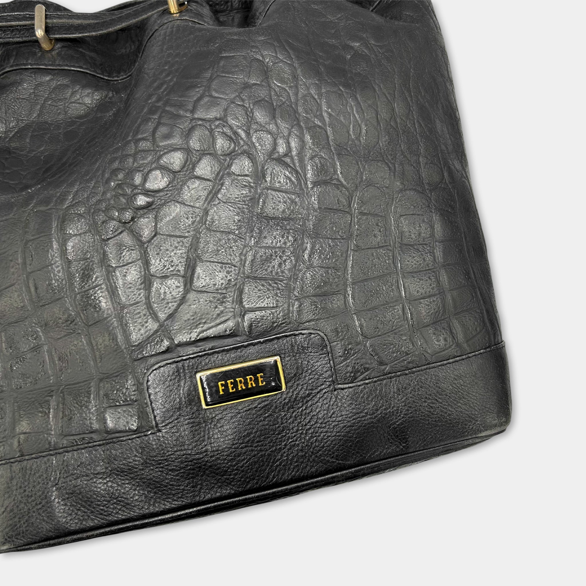 Gianfranco Ferré Vintage Black Crocodile Texture Shoulder Bag
