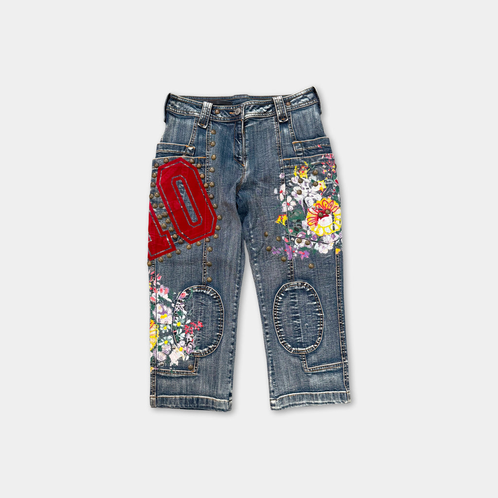 Gaetano Navarra Vintage Floral Embroidered Studded Capri Jeans