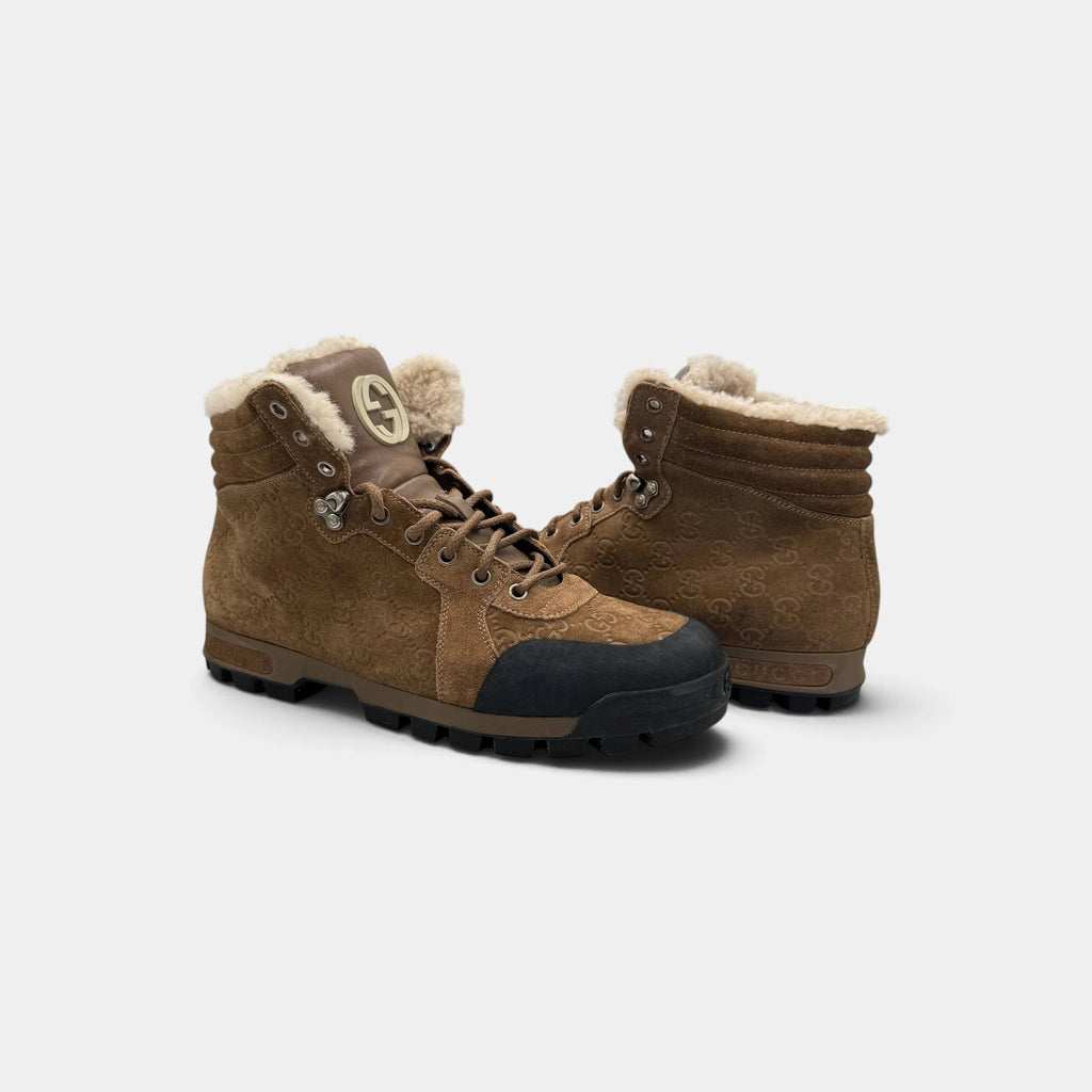 Gucci GG Guccissima Suede Shearling Hiking Winter Boots