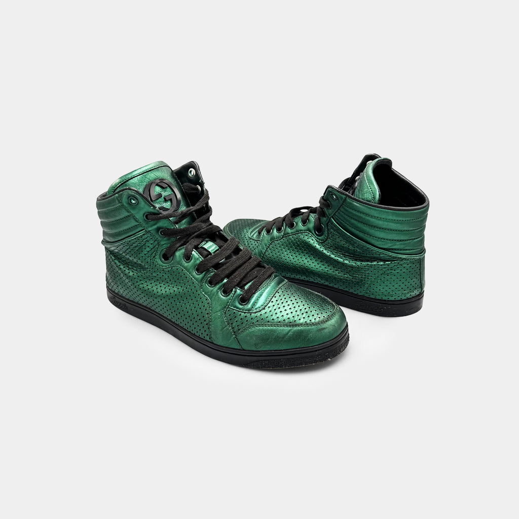 Gucci Metallic Emerald Green Perforated Leather High-Top Sneakers