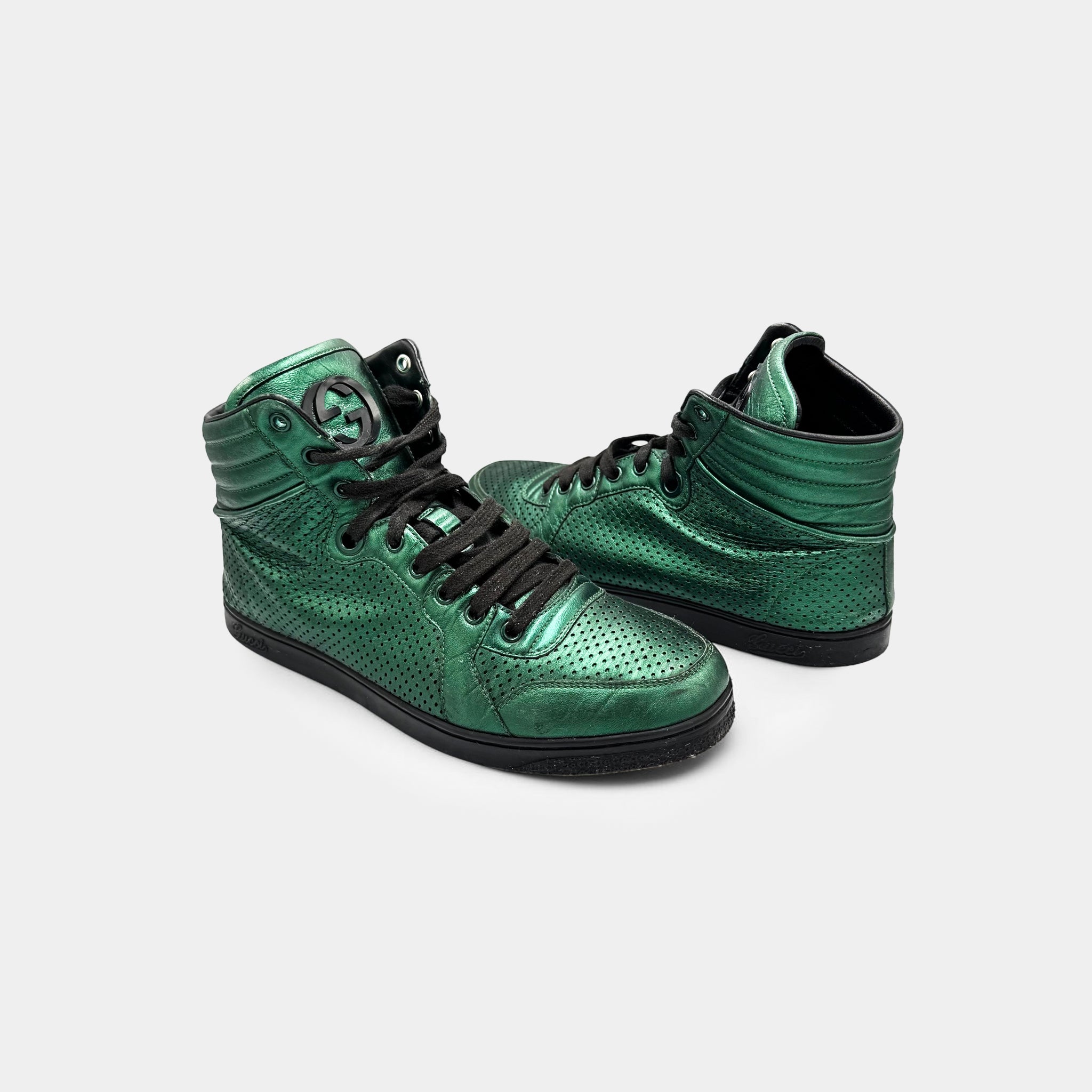 Gucci Metallic Emerald Green Perforated Leather High-Top Sneakers
