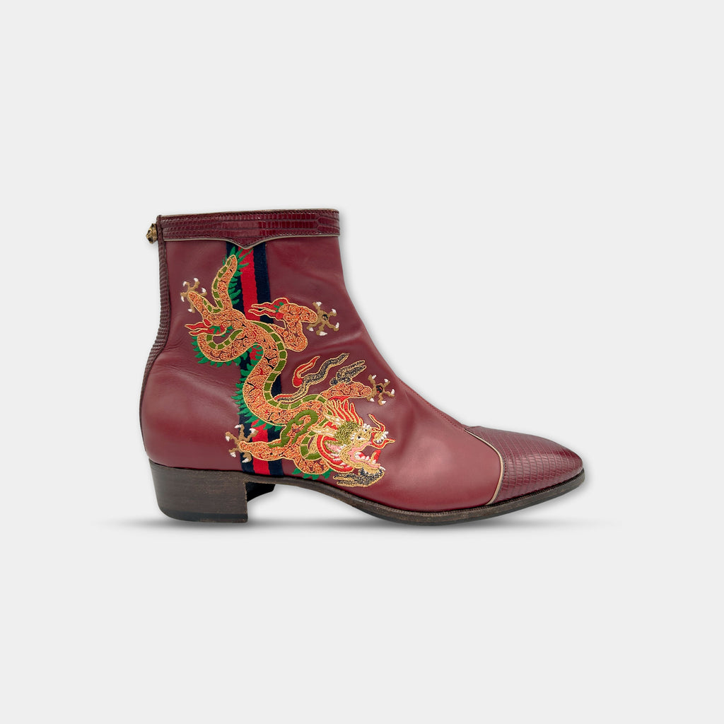 Gucci Dragon Embroidered Leather Ankle Boots SS2018