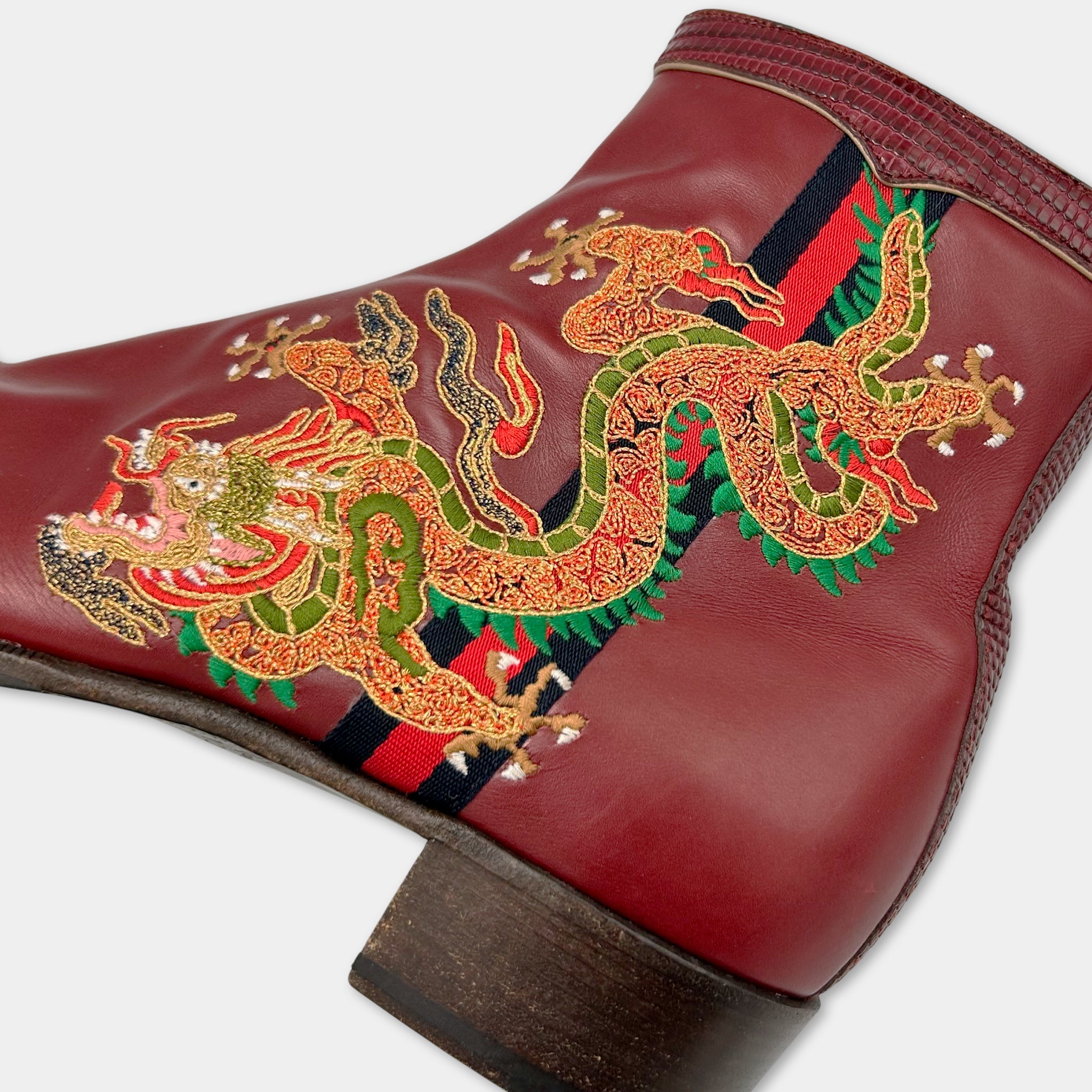 Gucci Dragon Embroidered Leather Ankle Boots FW17