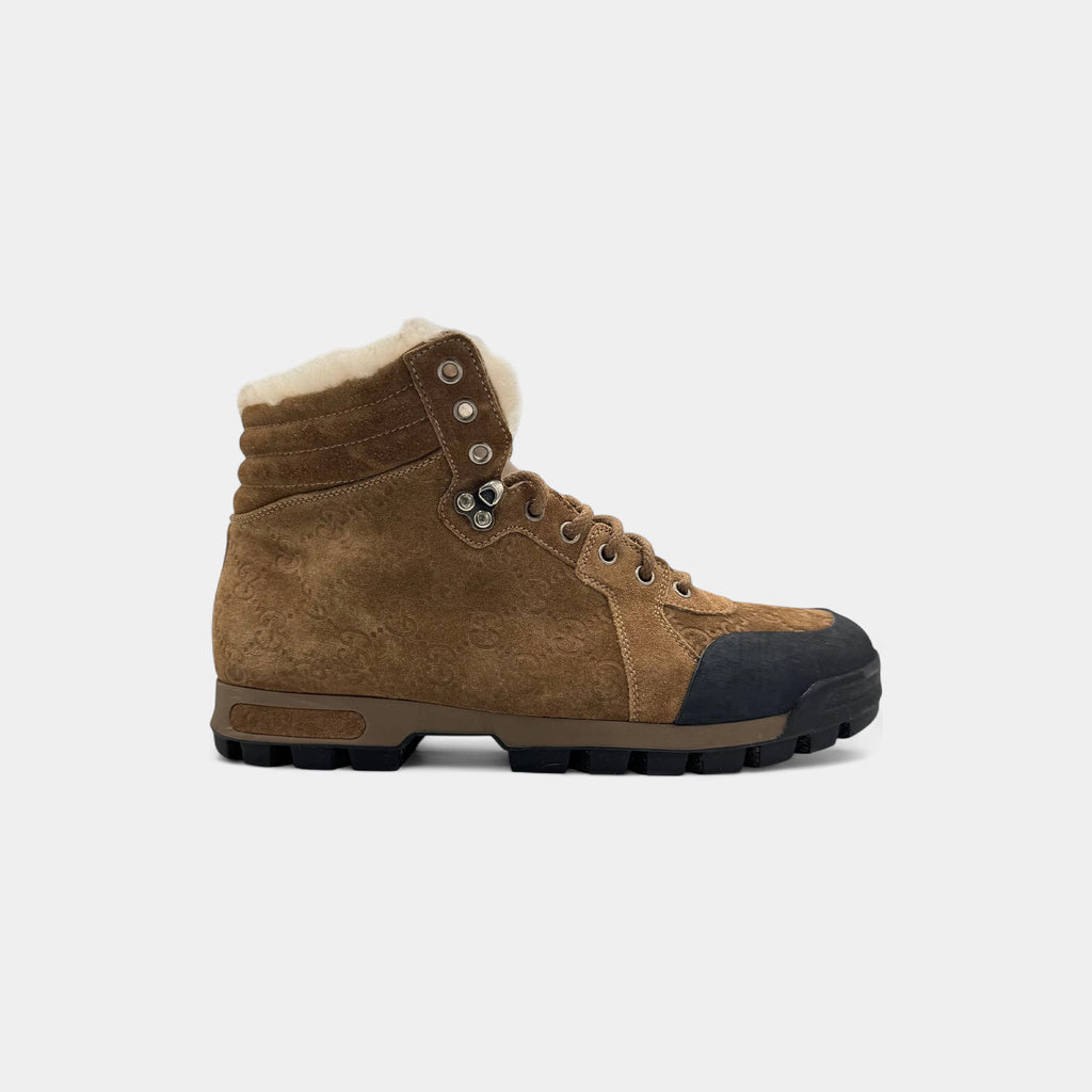 Gucci GG Guccissima Suede Shearling Hiking Winter Boots