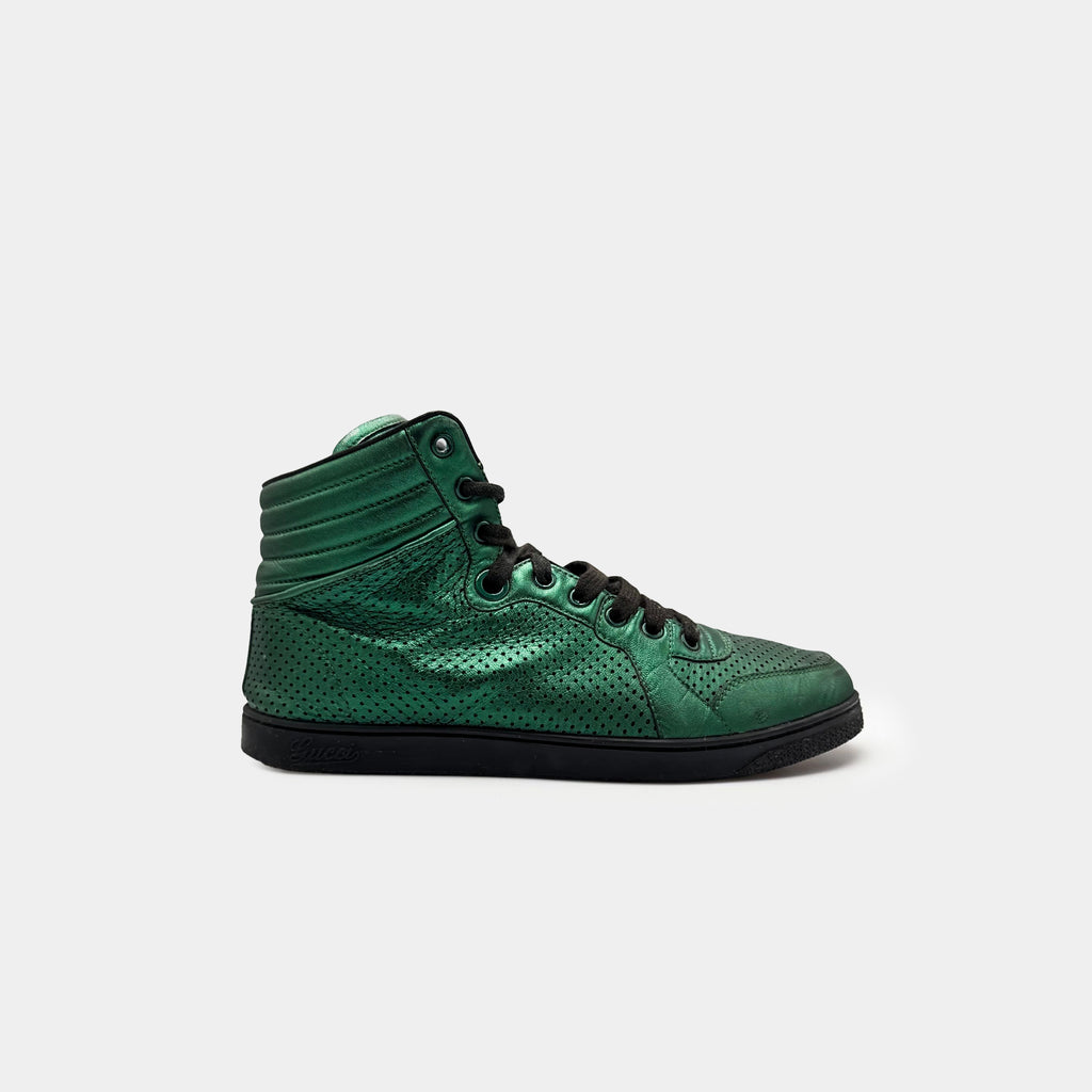 Gucci Metallic Emerald Green Perforated Leather High-Top Sneakers
