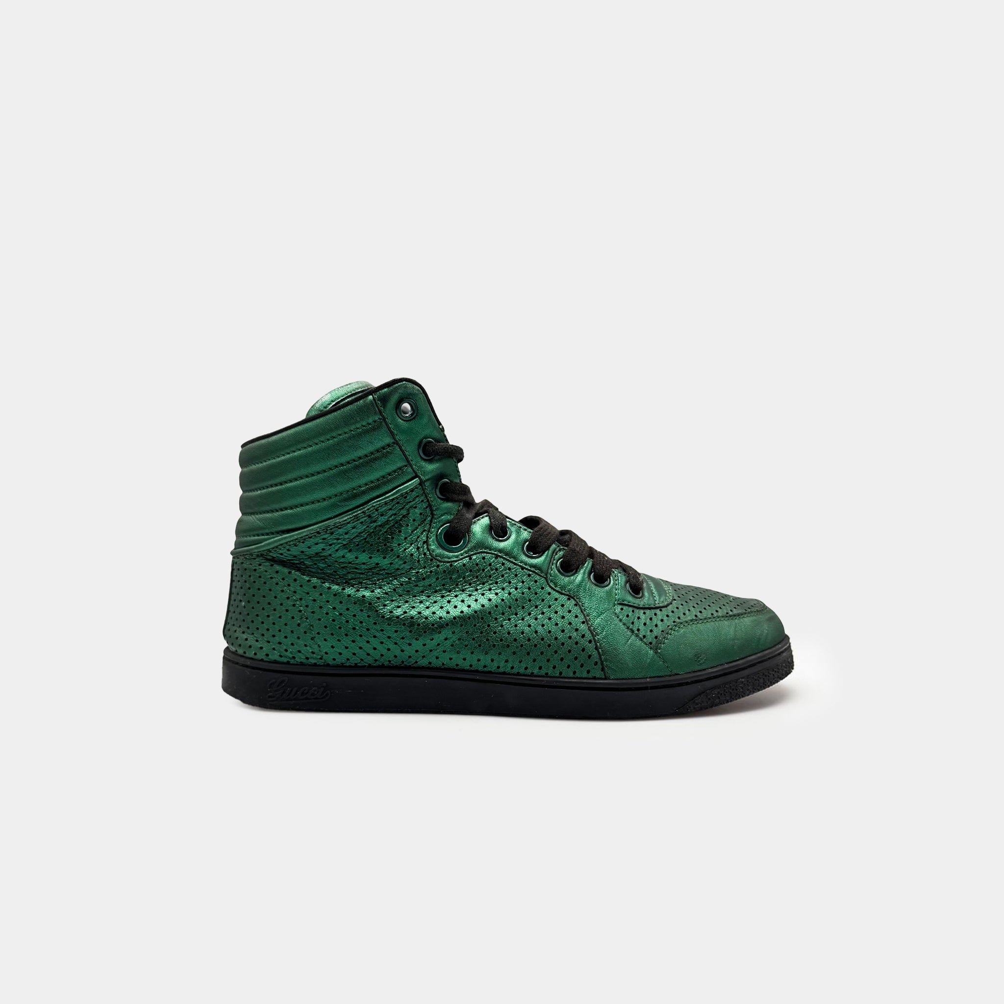Gucci Metallic Emerald Green Perforated Leather High-Top Sneakers