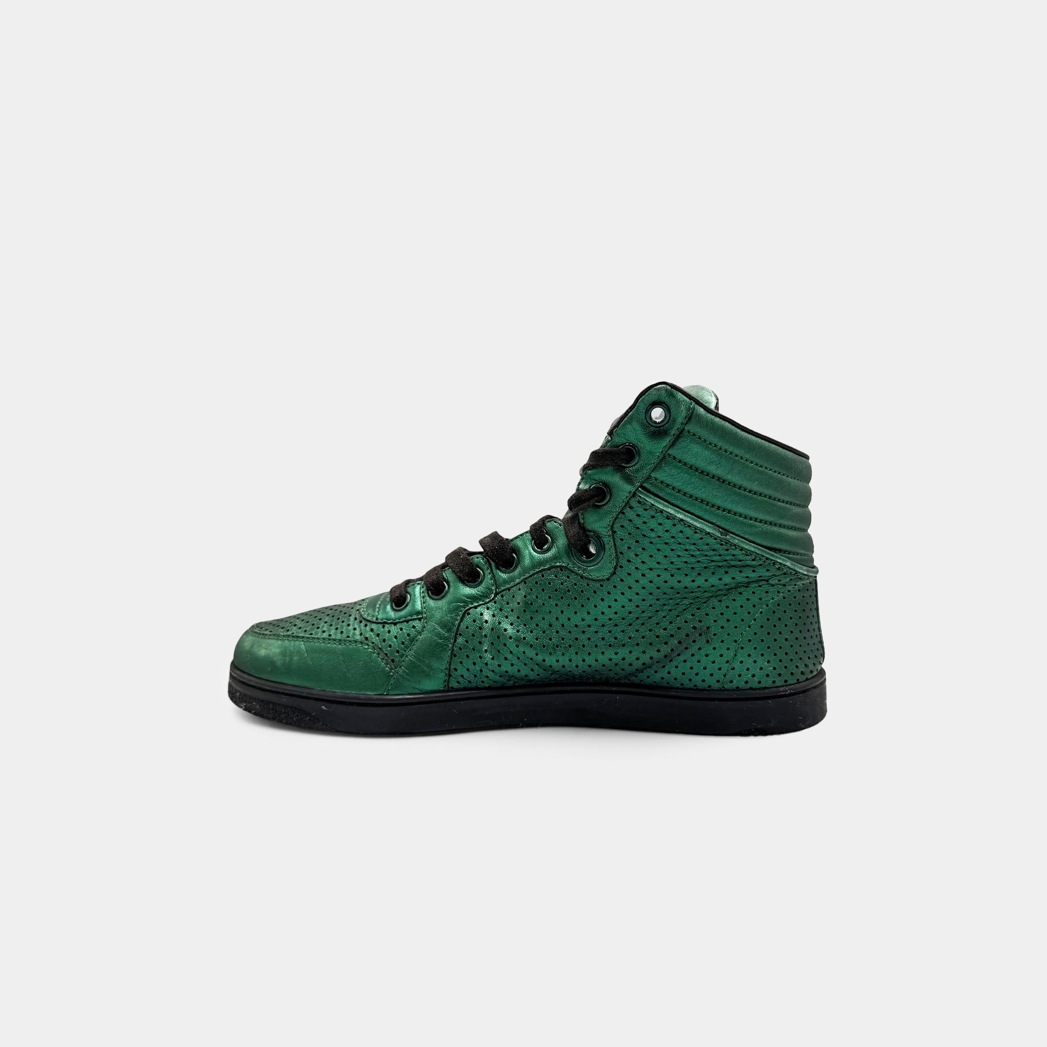 Gucci Metallic Emerald Green Perforated Leather High-Top Sneakers