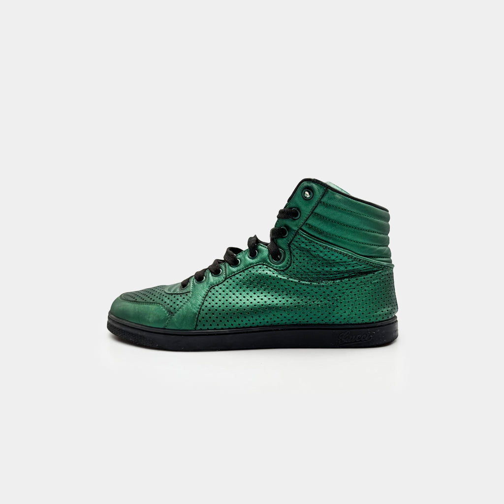 Gucci Metallic Emerald Green Perforated Leather High-Top Sneakers