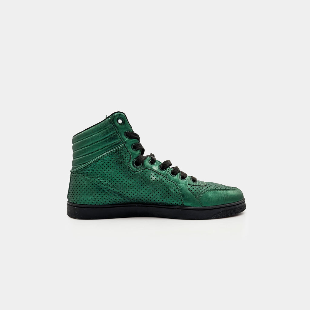Gucci Metallic Emerald Green Perforated Leather High-Top Sneakers