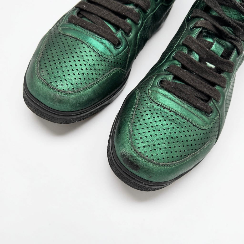 Gucci Metallic Emerald Green Perforated Leather High-Top Sneakers