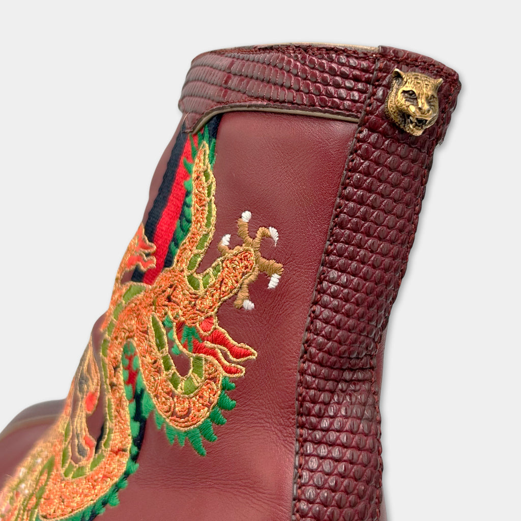 Gucci Dragon Embroidered Leather Ankle Boots SS2018