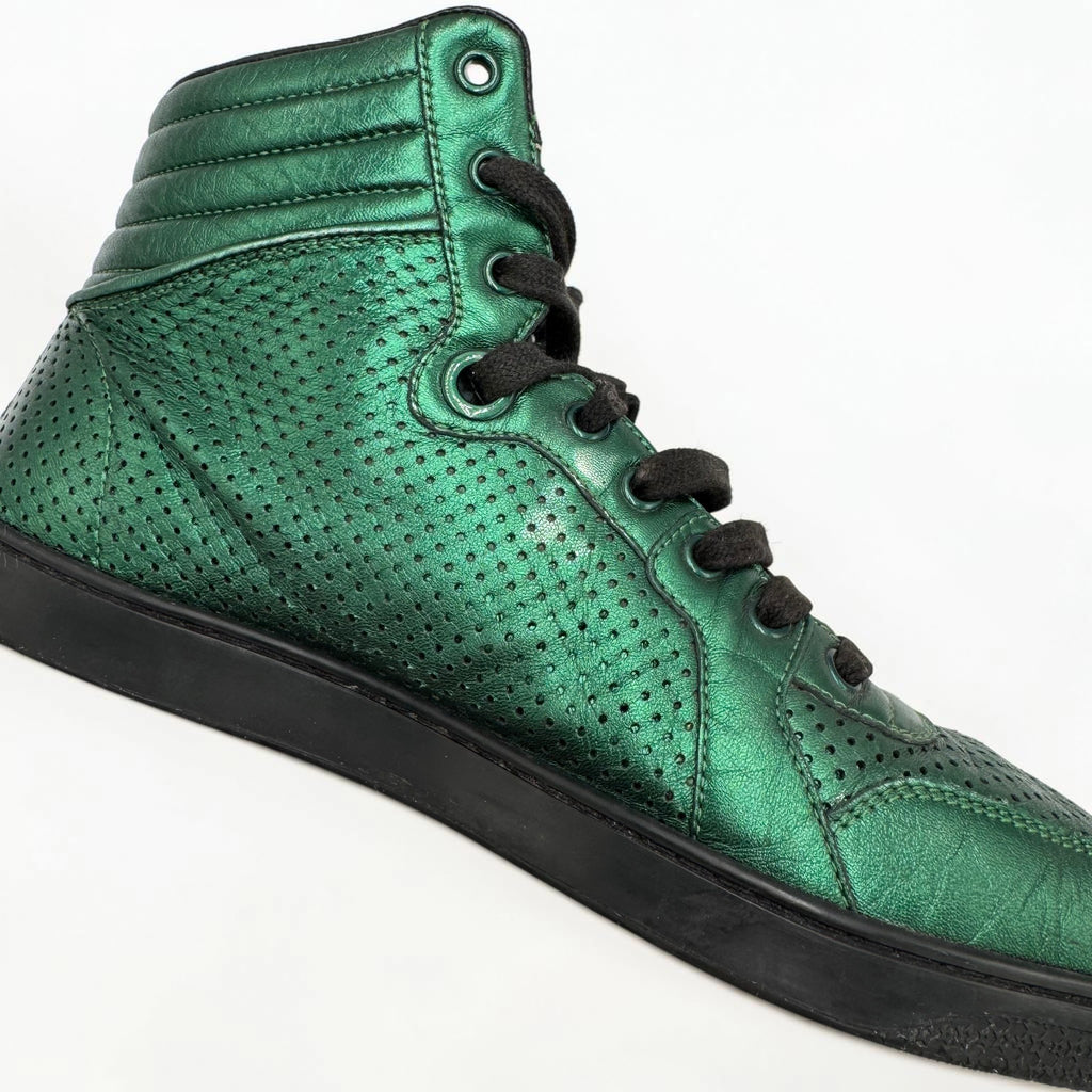 Gucci Metallic Emerald Green Perforated Leather High-Top Sneakers