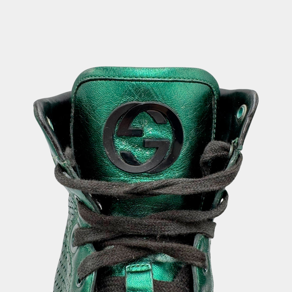 Gucci Metallic Emerald Green Perforated Leather High-Top Sneakers