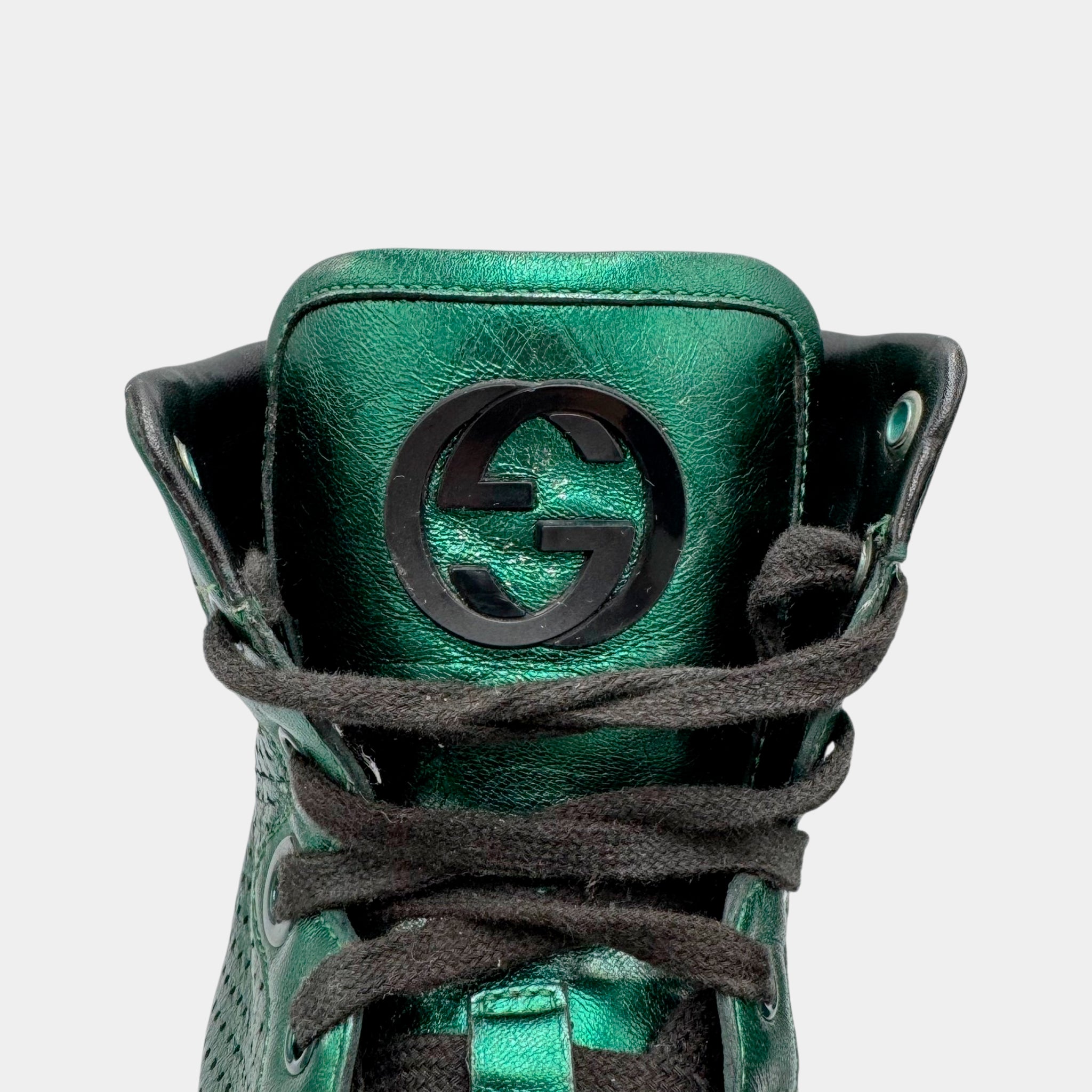 Gucci Metallic Emerald Green Perforated Leather High-Top Sneakers
