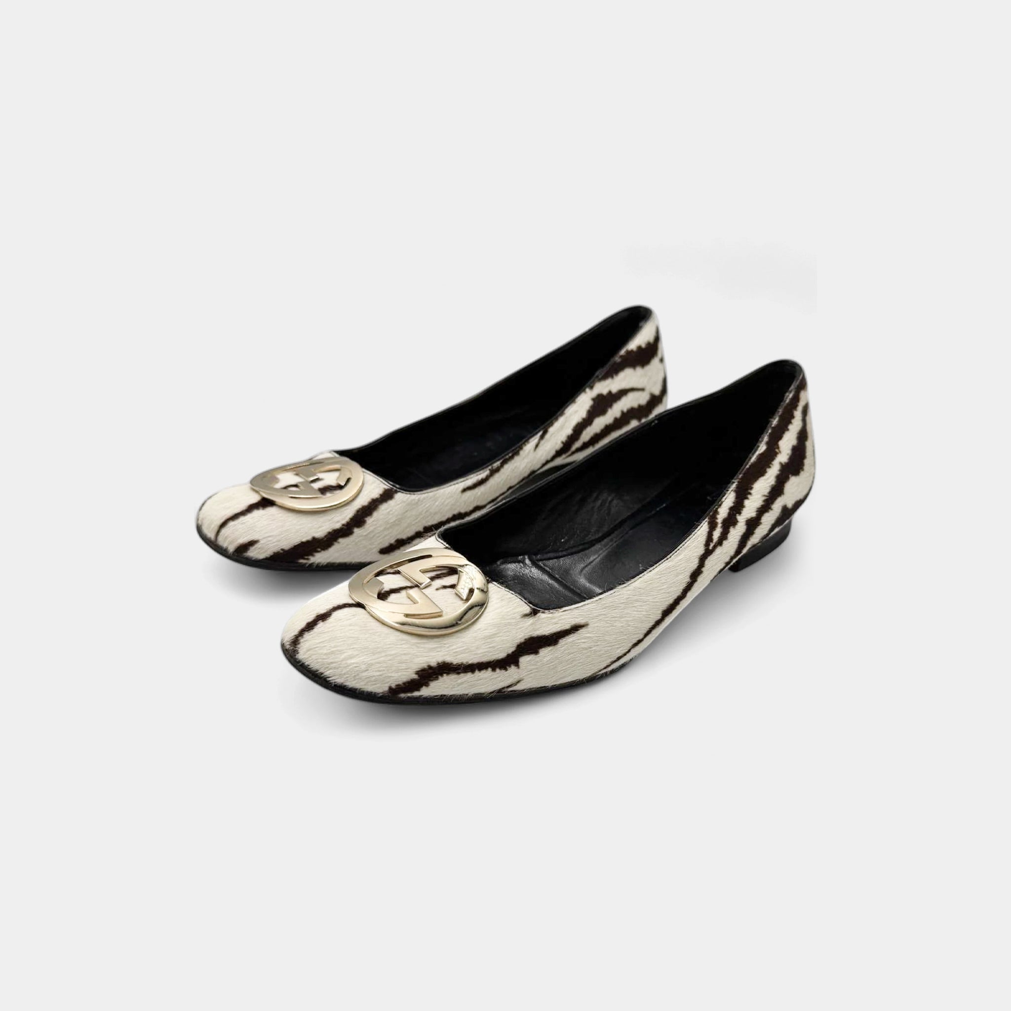 Gucci Zebra-Print Pony Hair Interlocking G Ballet Flats
