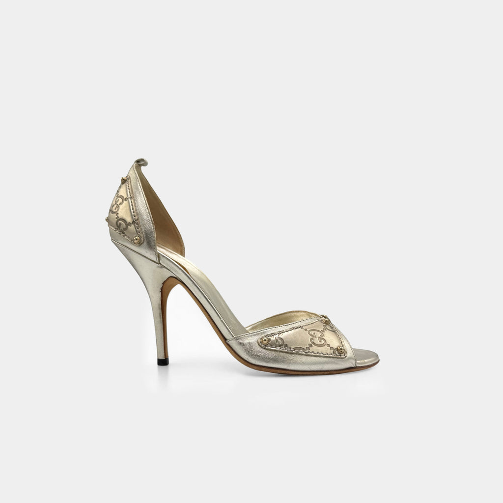 Gucci Vintage Metallic Gold Monogram Peep-Toe Heels
