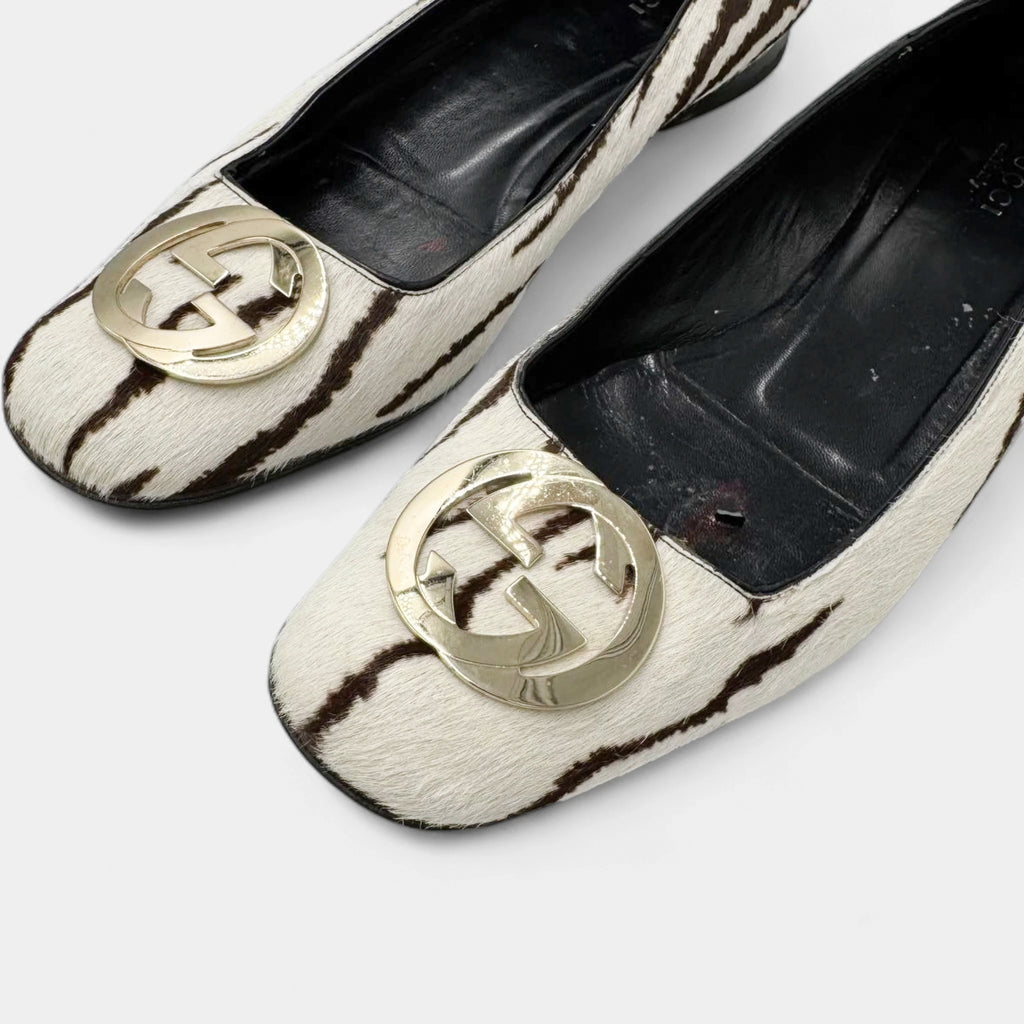 Gucci Zebra-Print Pony Hair Interlocking G Ballet Flats