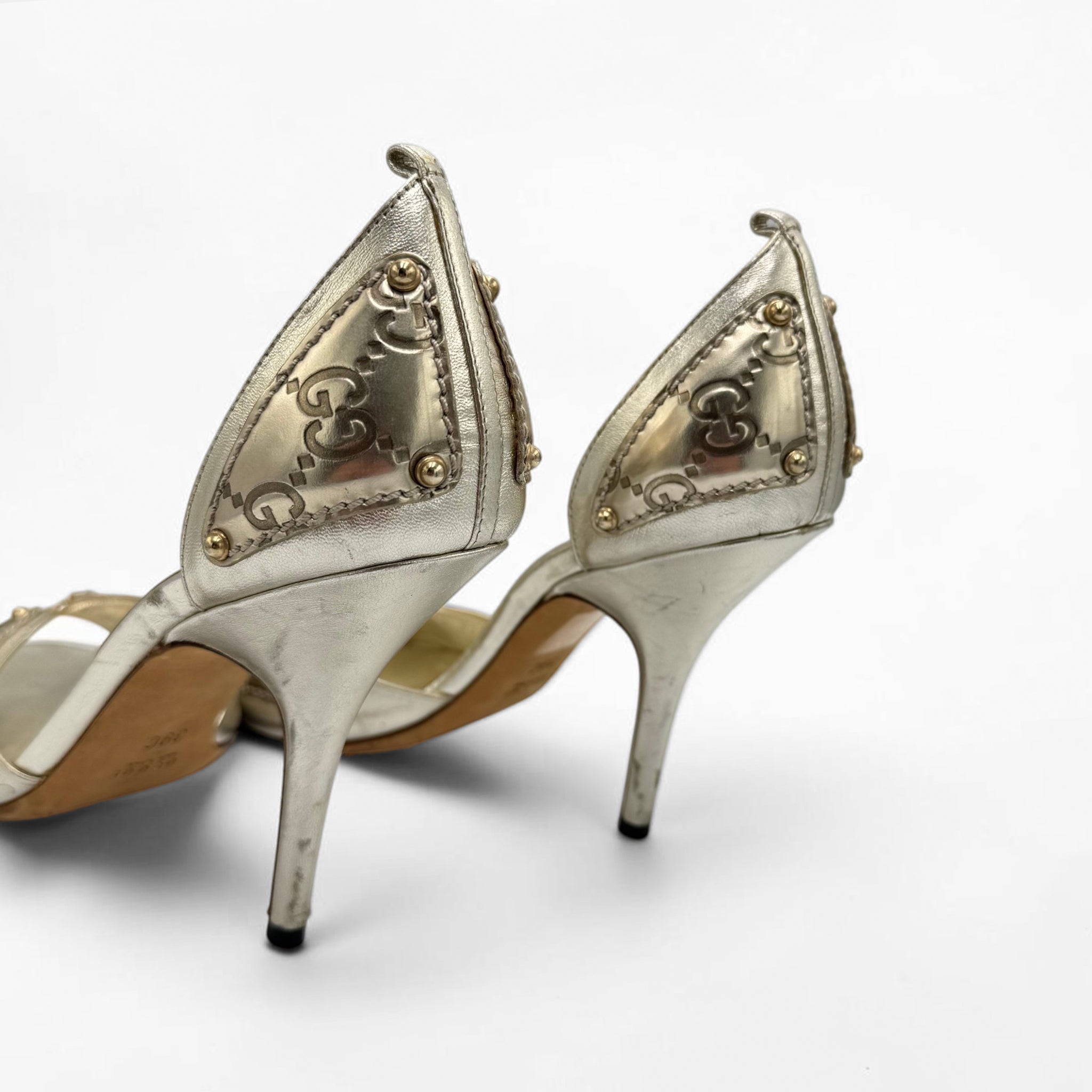 Gucci Vintage Metallic Gold Monogram Peep-Toe Heels